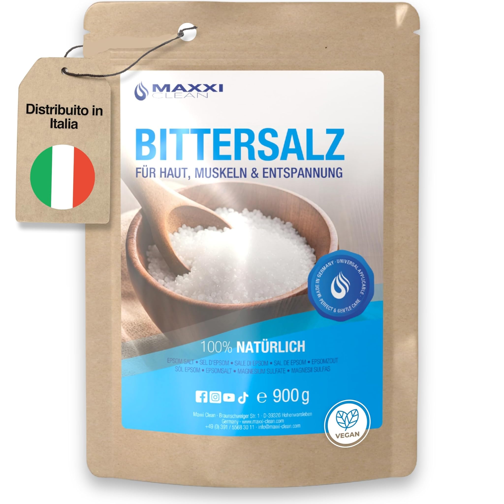 Maxxi Clean | 900 g di sale Epsom altamente puro | Sale da bagno per benessere e peeling del corpo | Solfato di magnesio per muscoli, pelle e anima | Magnesio adatto alla cura del giardino