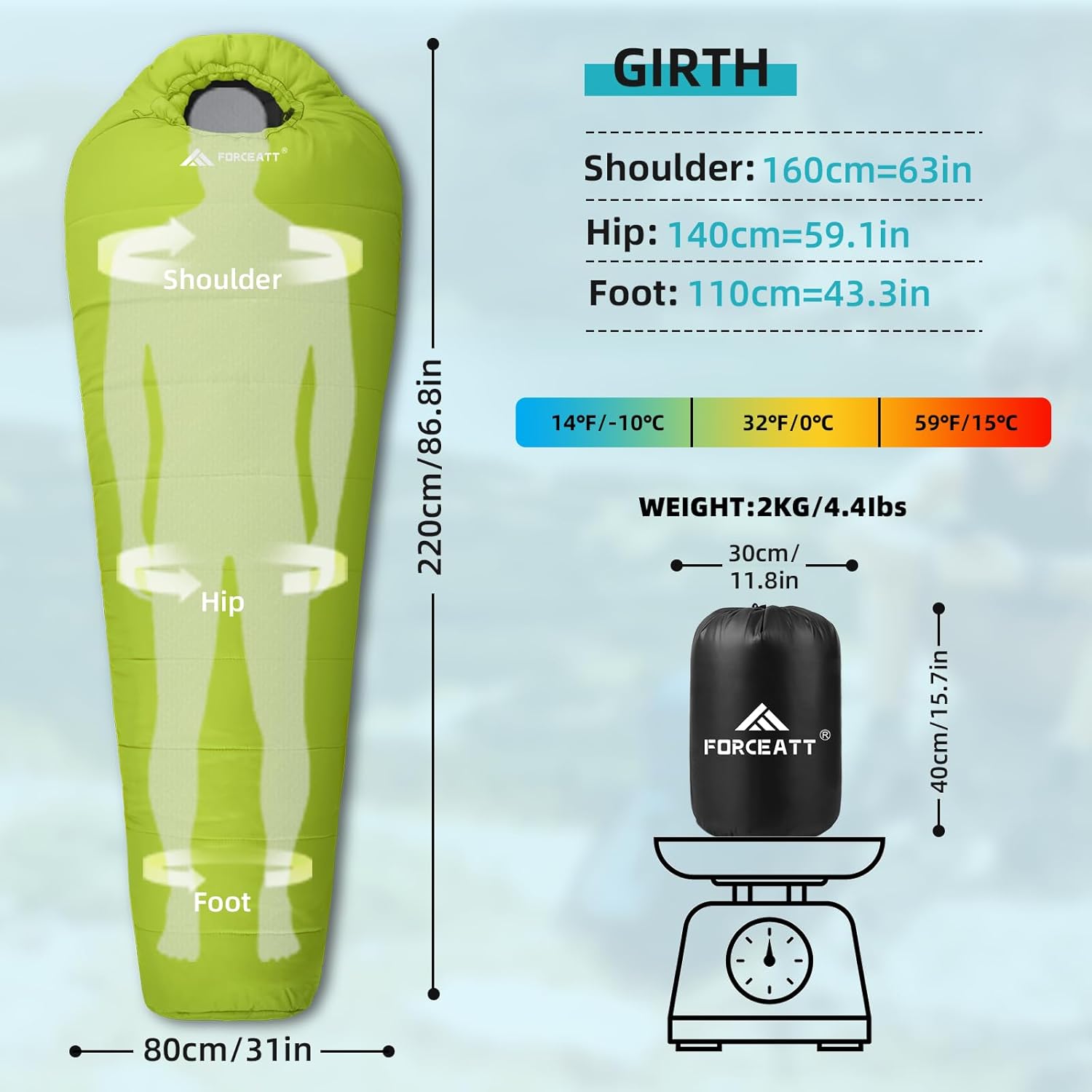 Forceatt Sacco a Pelo Mummia con Cappuccio 0℃-20℃ - immagine 2