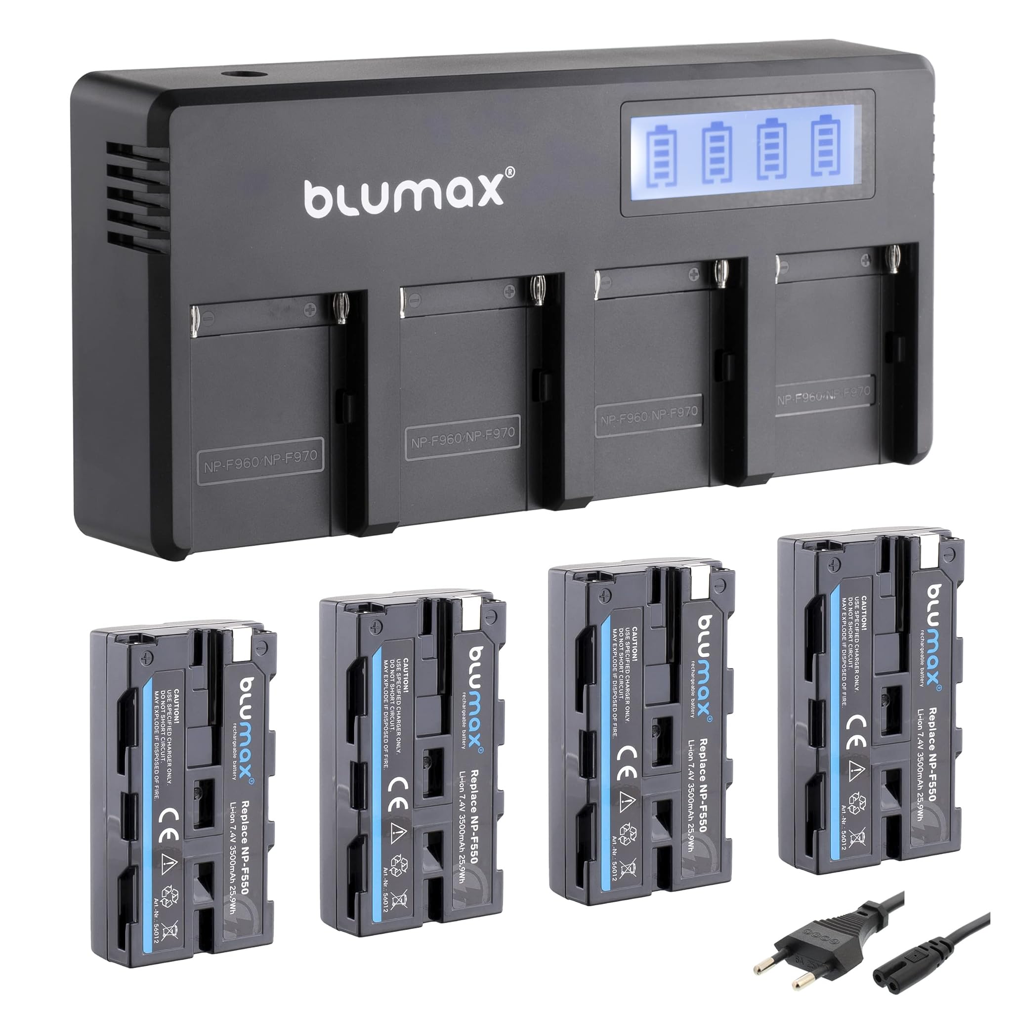 Blumax 4 Batterie NP-F550/NP-F570 3500 mAh + Caricatore