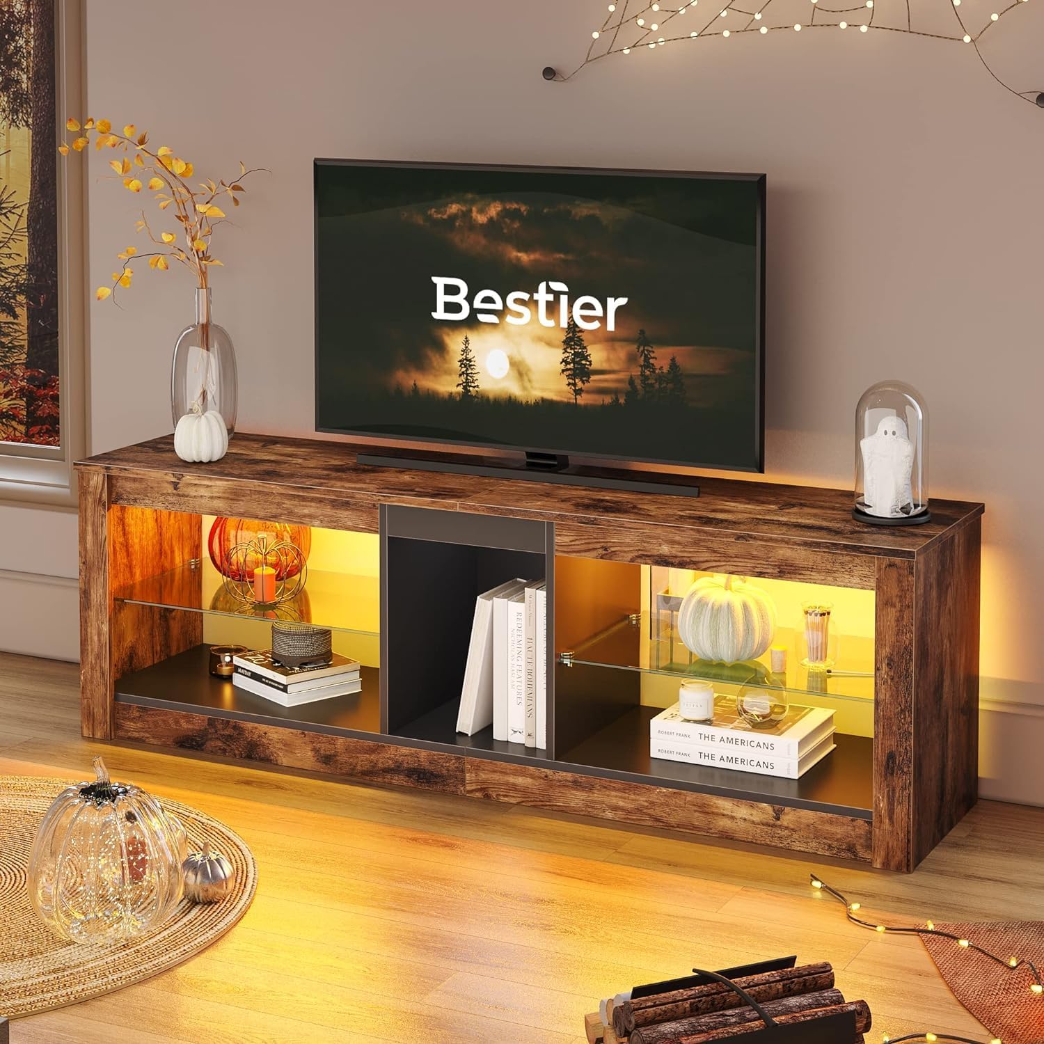 Bestier Mobile Porta TV 140cm con Ripiano in Vetro LED RGB
