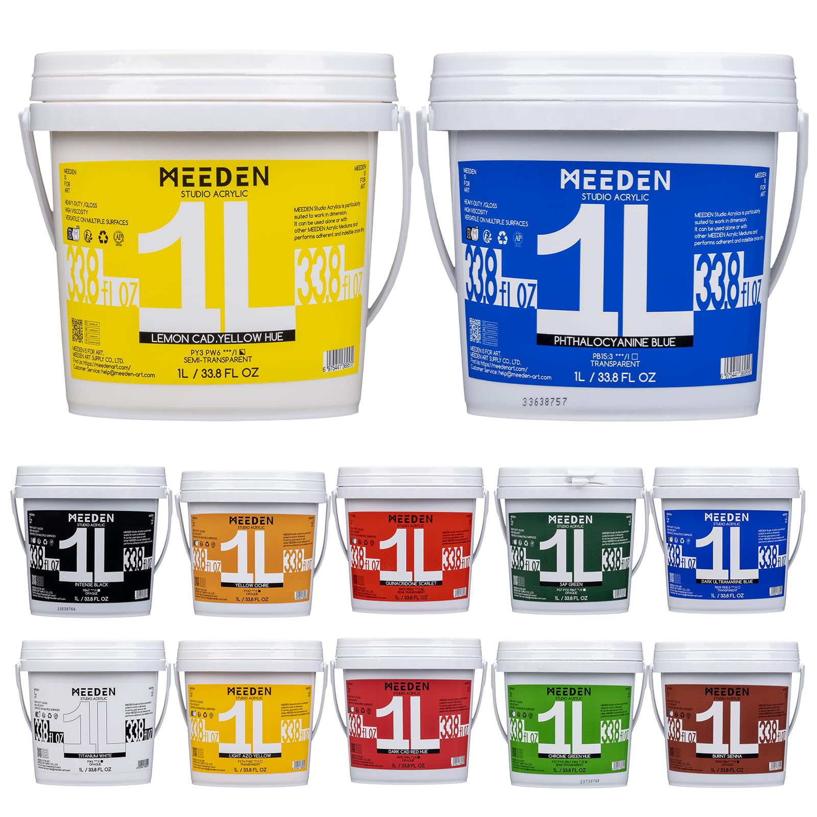 MEEDEN Studio Heavy Body - Confezione da 12 colori acrilici grandi da 1 litro, atossici, ricchi pigmenti, per pittura artistica, finitura lucida, per pareti, tela, legno, pelle, pietra, 12 colori