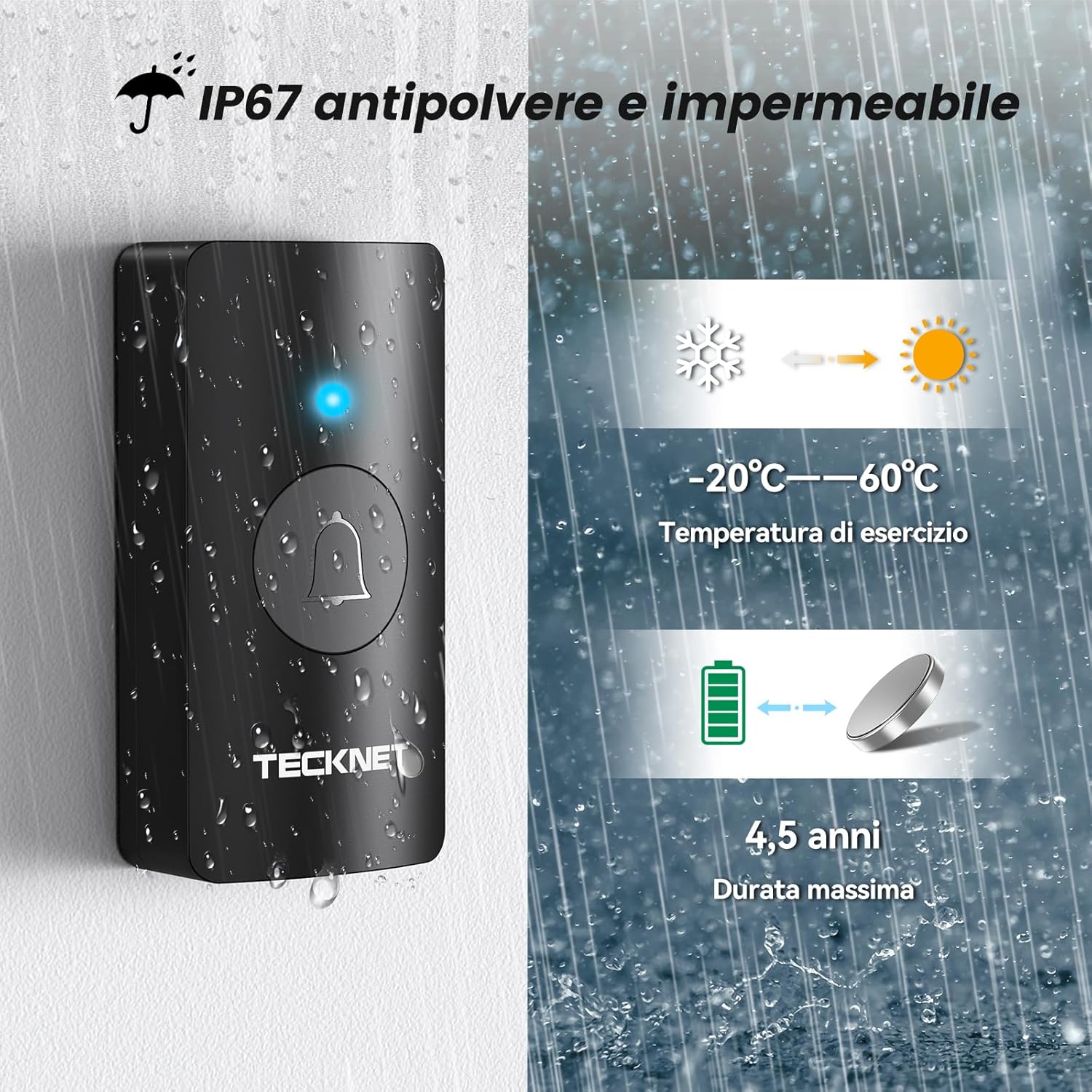 TECKNET Campanello Senza Fili IP67 a Batteria - immagine 3