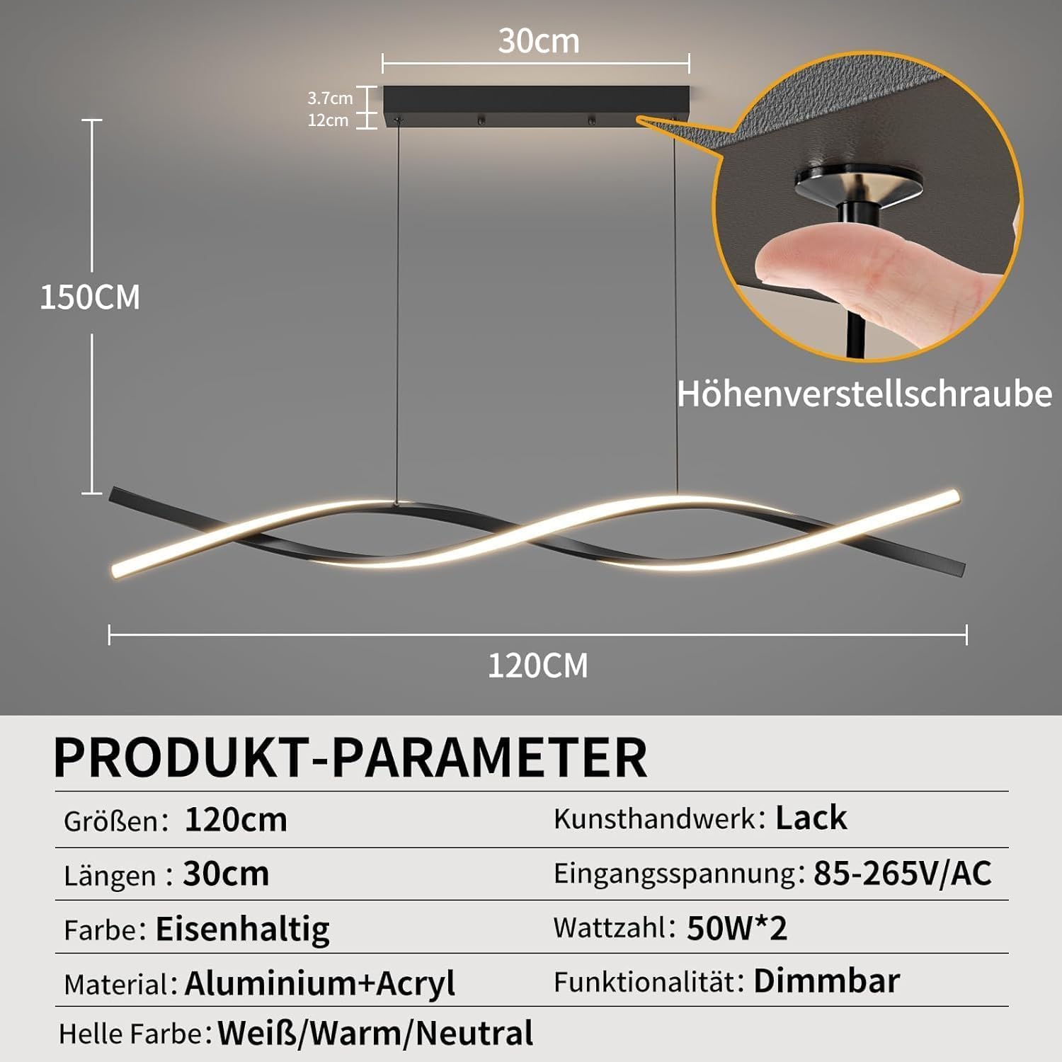 Mikeru Lampada a Sospensione Moderna 120cm, Nera - immagine 3
