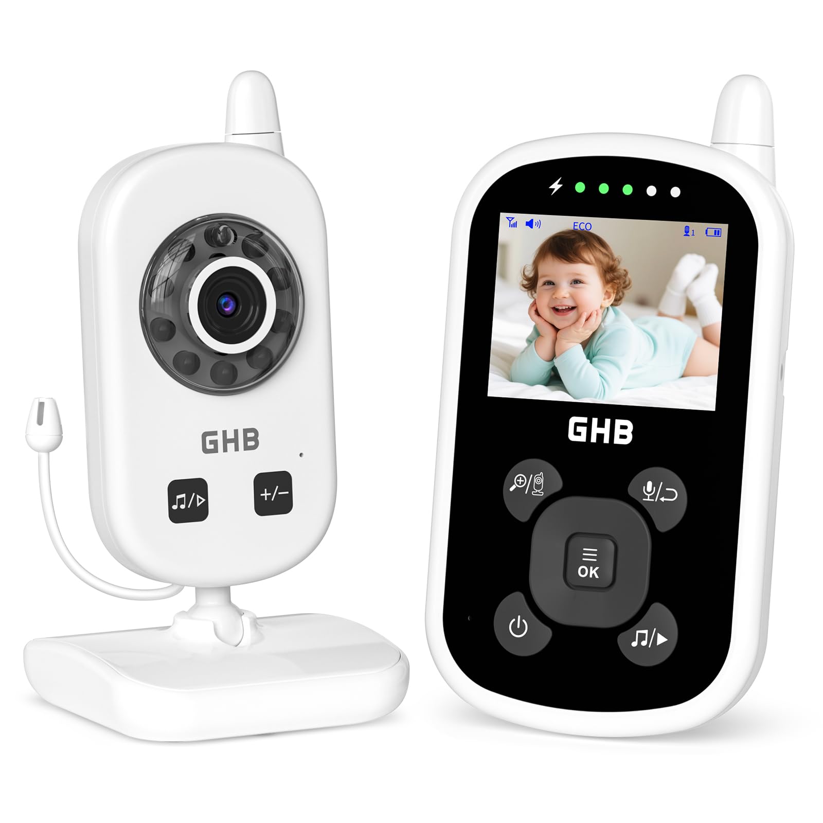 GHB Baby Monitor Video e Audio 2,4'', 950mAh, Comunicazione Bidirezionale, VOX Visione Notturna Visione Rilevamento della Temperatura, Ninne Nanne