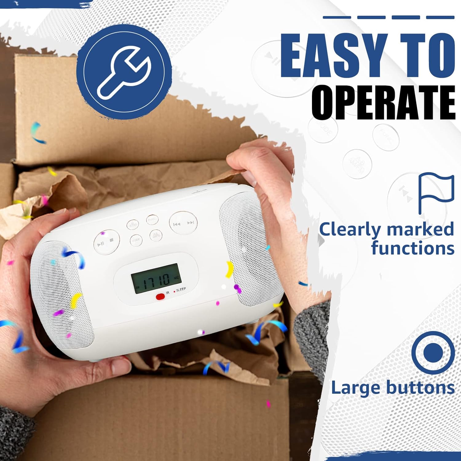 Retekess TR636 Lettore CD Portatile Boombox, Bianco - immagine 4