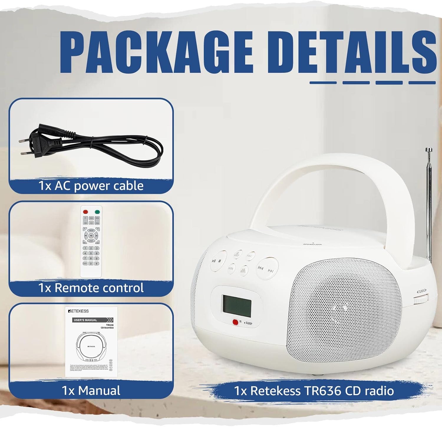 Retekess TR636 Lettore CD Portatile Boombox, Bianco - immagine 7