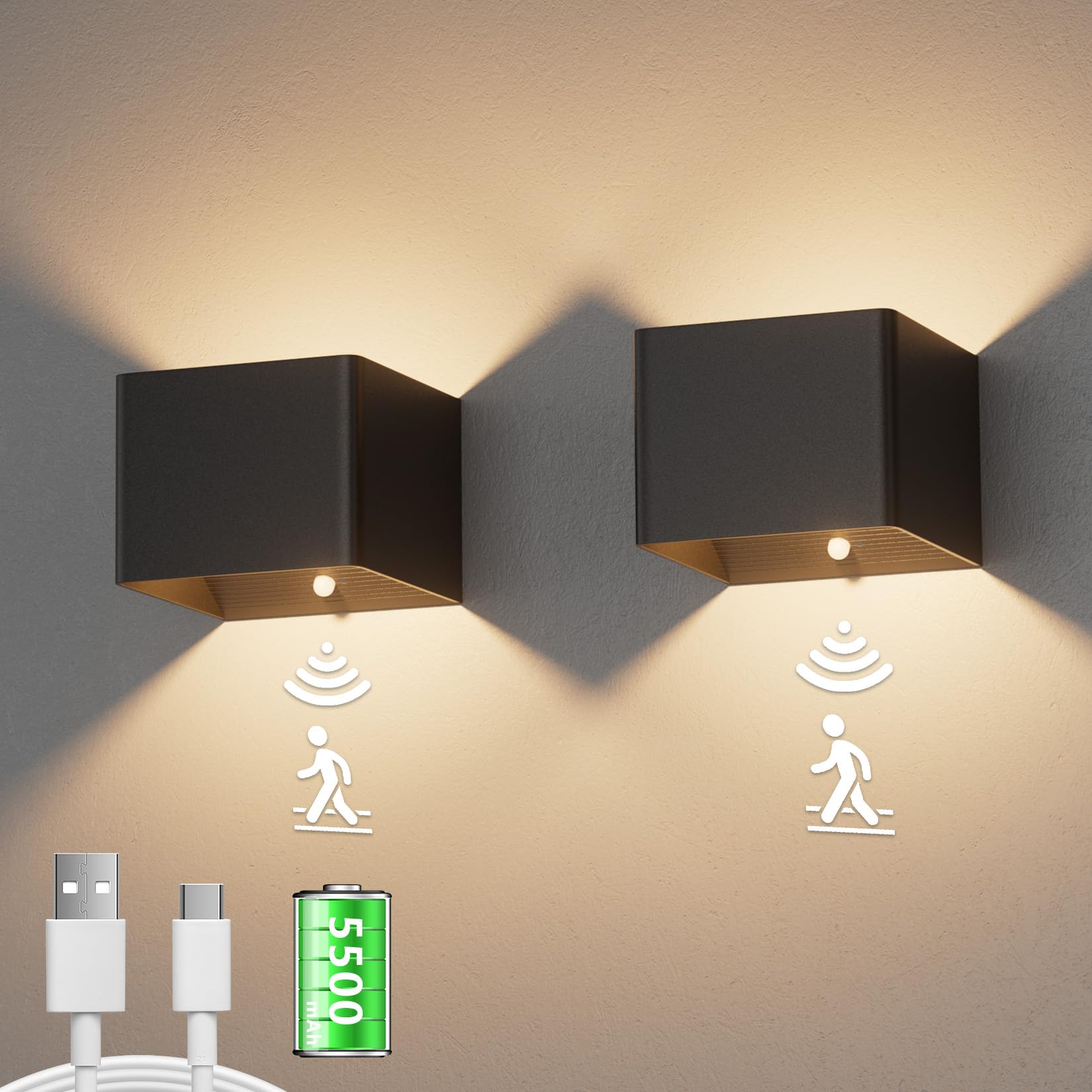 Aipsun 2 Pezzi 5500mAh lampada da parete della batteria con rilevatore di movimento,LED lampada da parete della batteria interno,3000k,5W,per camera da letto Living Room Scale(Nero)