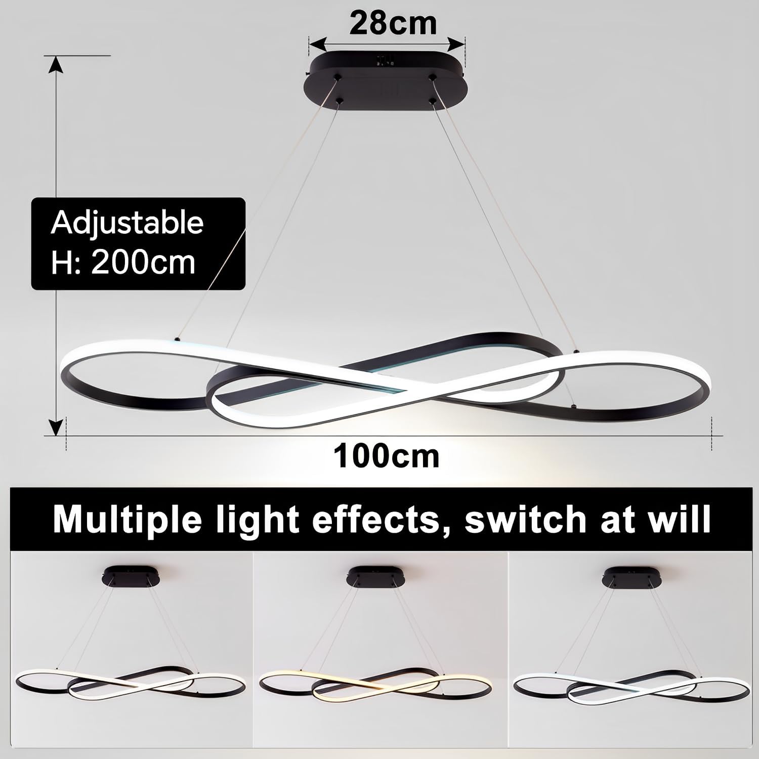 Lampada a Sospensione LED Dimmerabile L100cm/57W, Nero - immagine 4