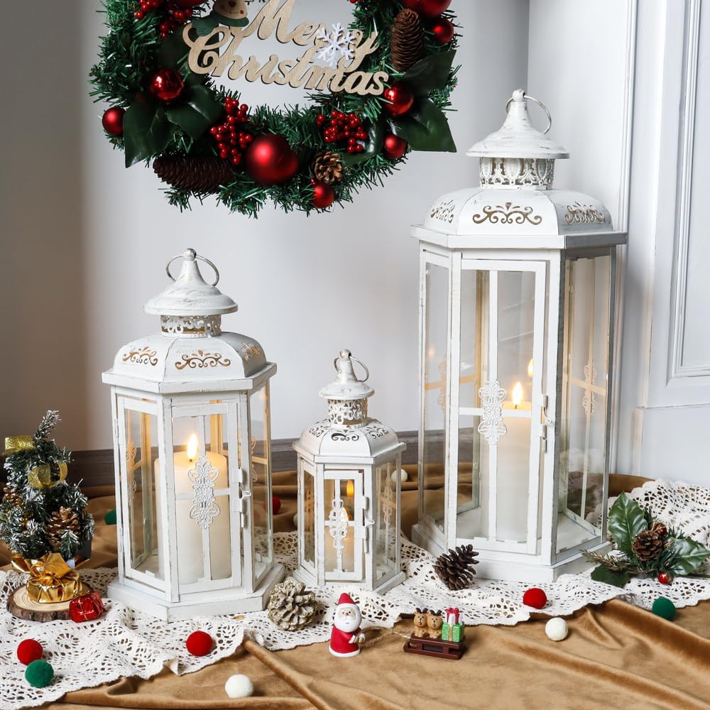 JHY DESIGN Set 3 Lanterne Decorative per Candele, Bianco