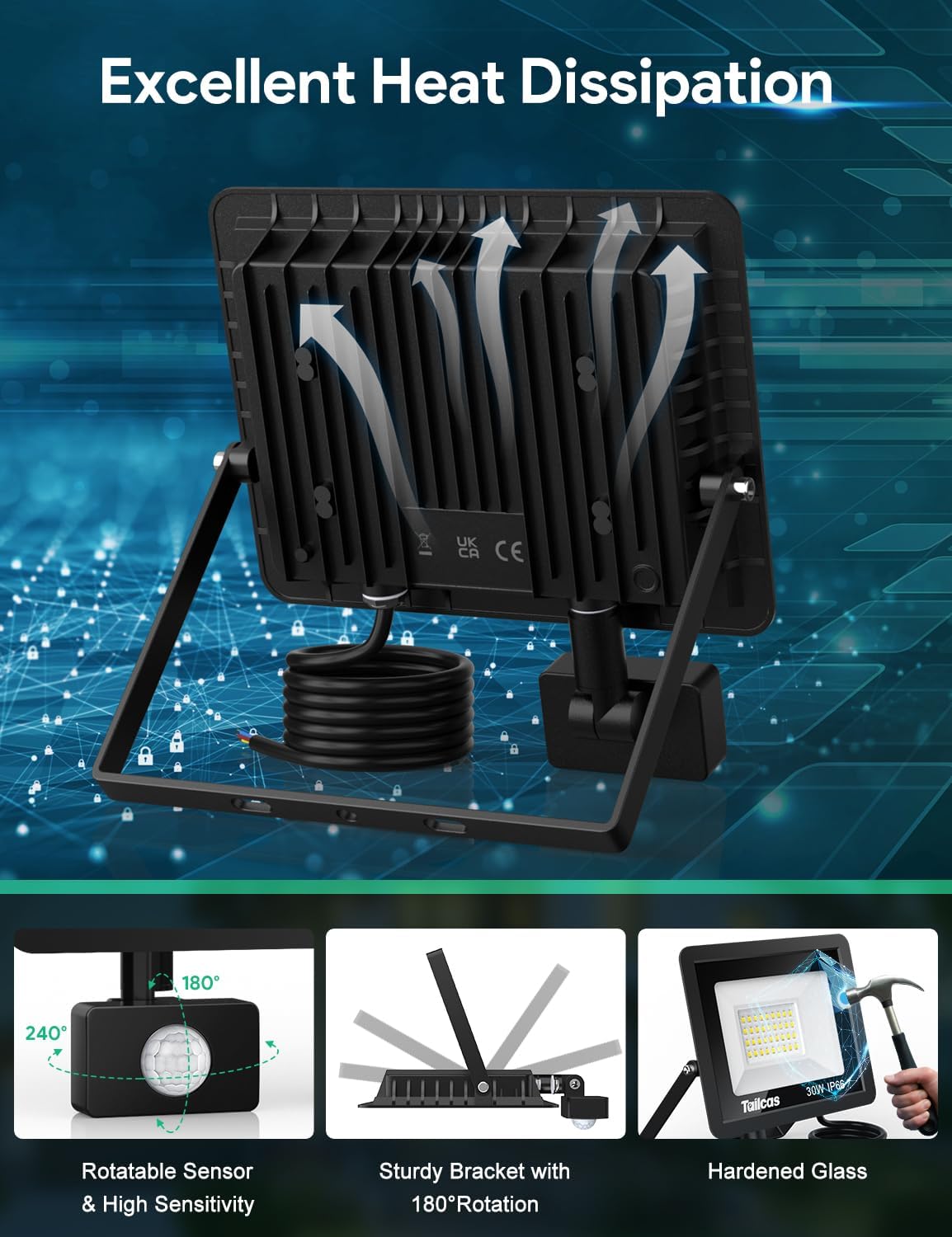 Tailcas Faretto LED da Esterno 30W con Sensore di Movimento - immagine 5