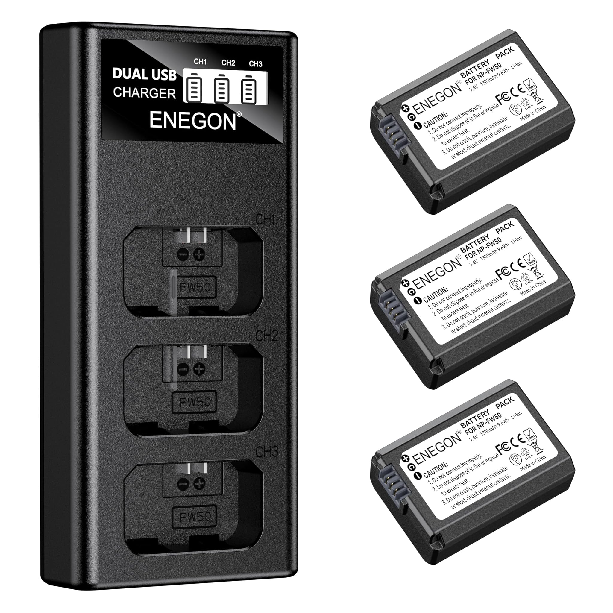 Enegon NP-FW50 - Batteria (3x 1300 mAh) e Caricatore 3 Slot