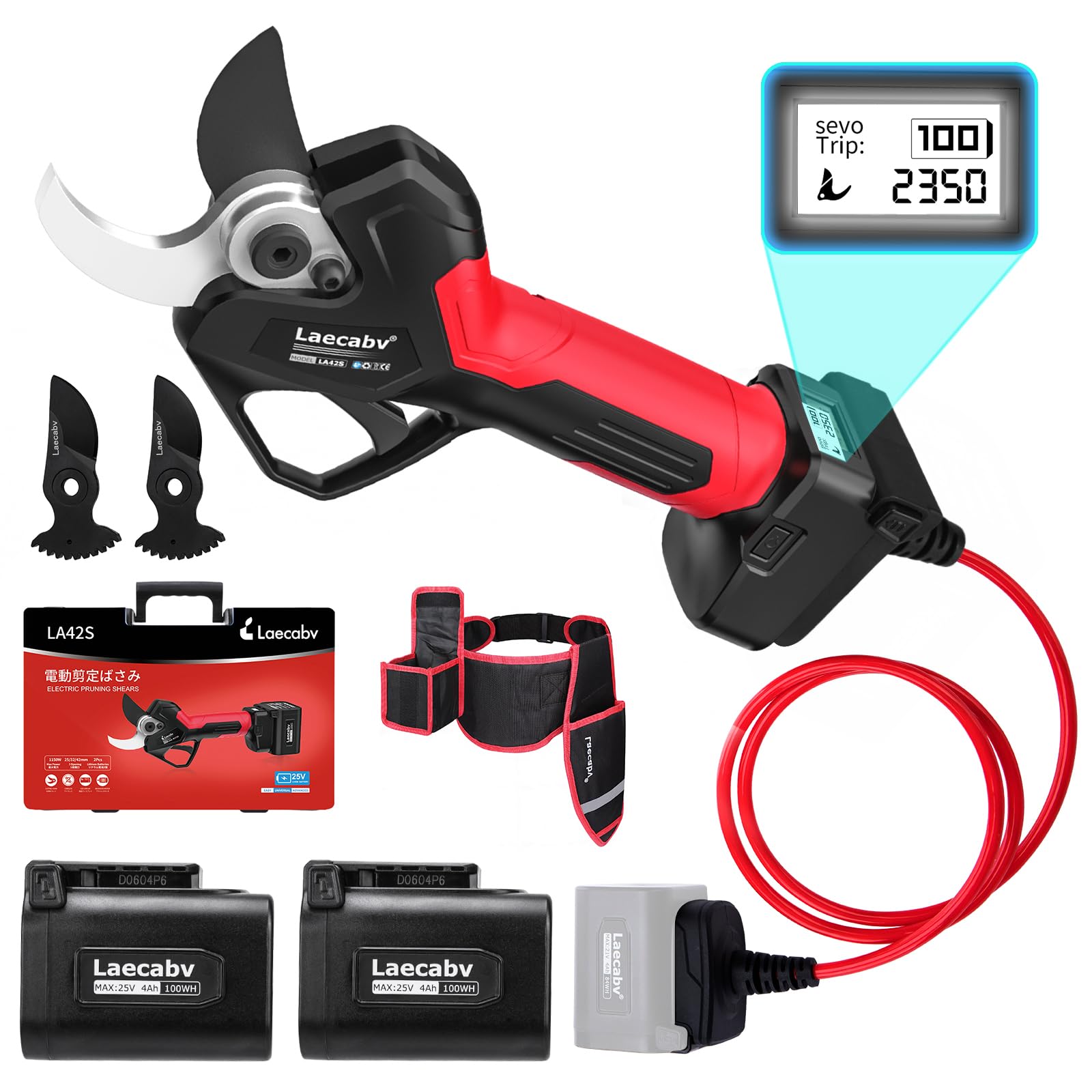 Laecabv Forbici Potatura a Batteria 42mm [Zaino: Solo 900g] - 2 Batterie 4Ah (10 Ore), Motore Brushless 1150W, LCD & Taglio Progressivo - Garanzia 2 Anni (Corpo Macchina)