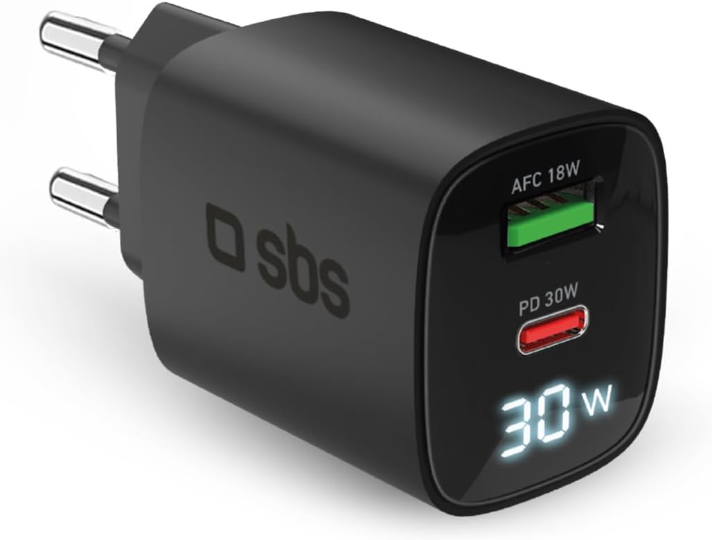 Sbs Alimentatore USB-C 30W GaN con Display LCD, Nero - immagine 1