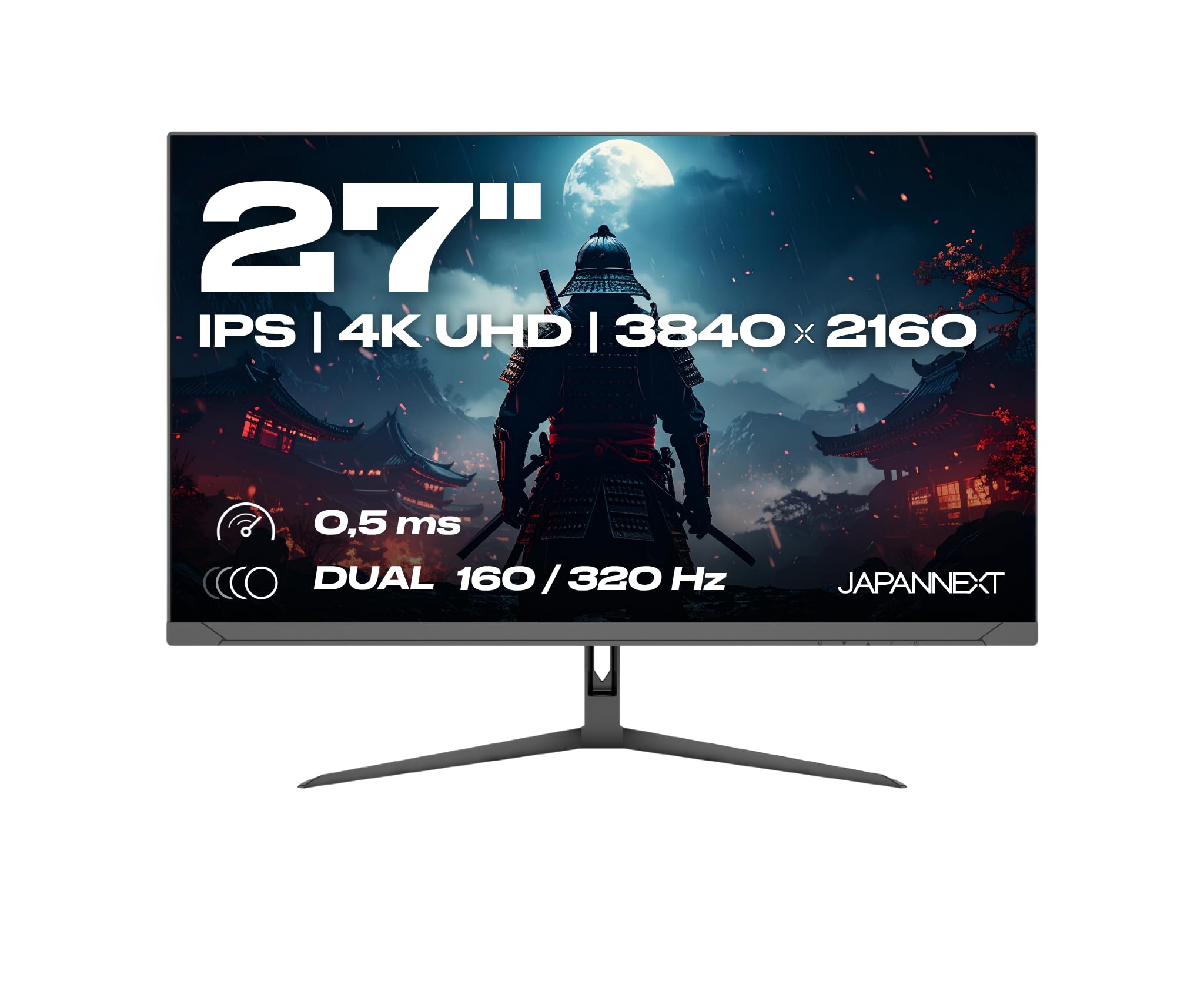 JapanNext Monitor Gaming 27" Dual Mode 160Hz/4K (3840x2160) & 320Hz/FHD (1920x1080) 0,5ms | HDR | Inclinazione regolabile Altoparlanti integrati | 100% sRGB G-Sync/FreeSync | JN-IPS27G1632UF