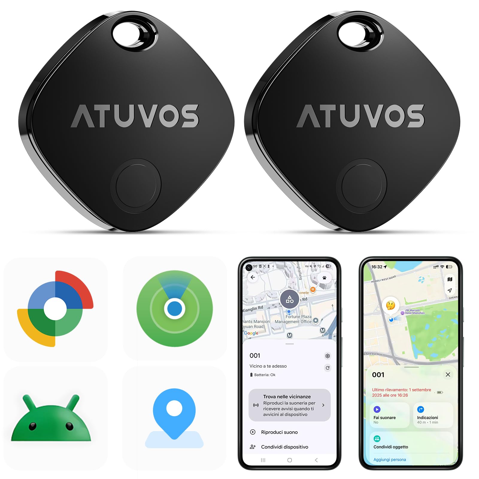 Atuvos Dual System Air Tag Pro Tracker 2 Pezzi, Nero