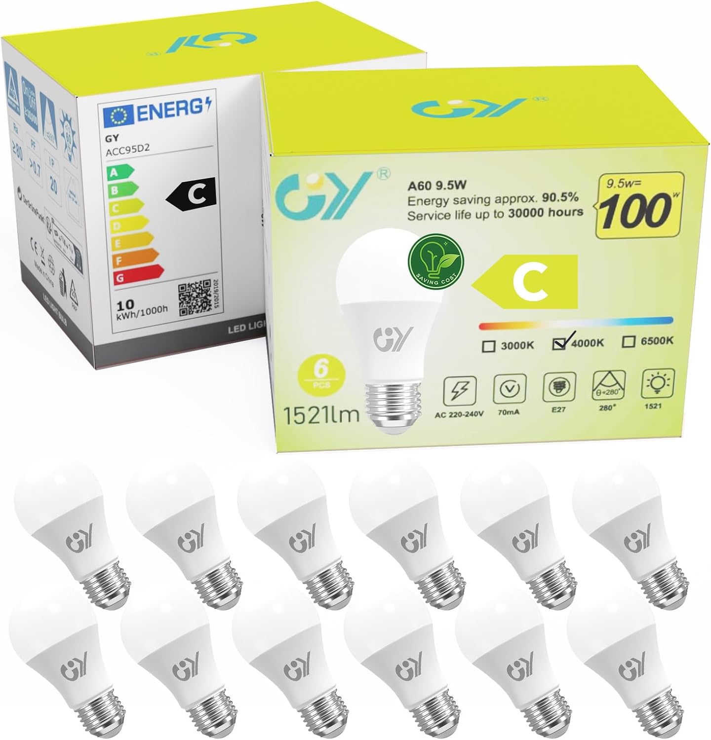 Gy Lampadine LED E27 9.5W (100W) 4000K, 12 pezzi - immagine 1