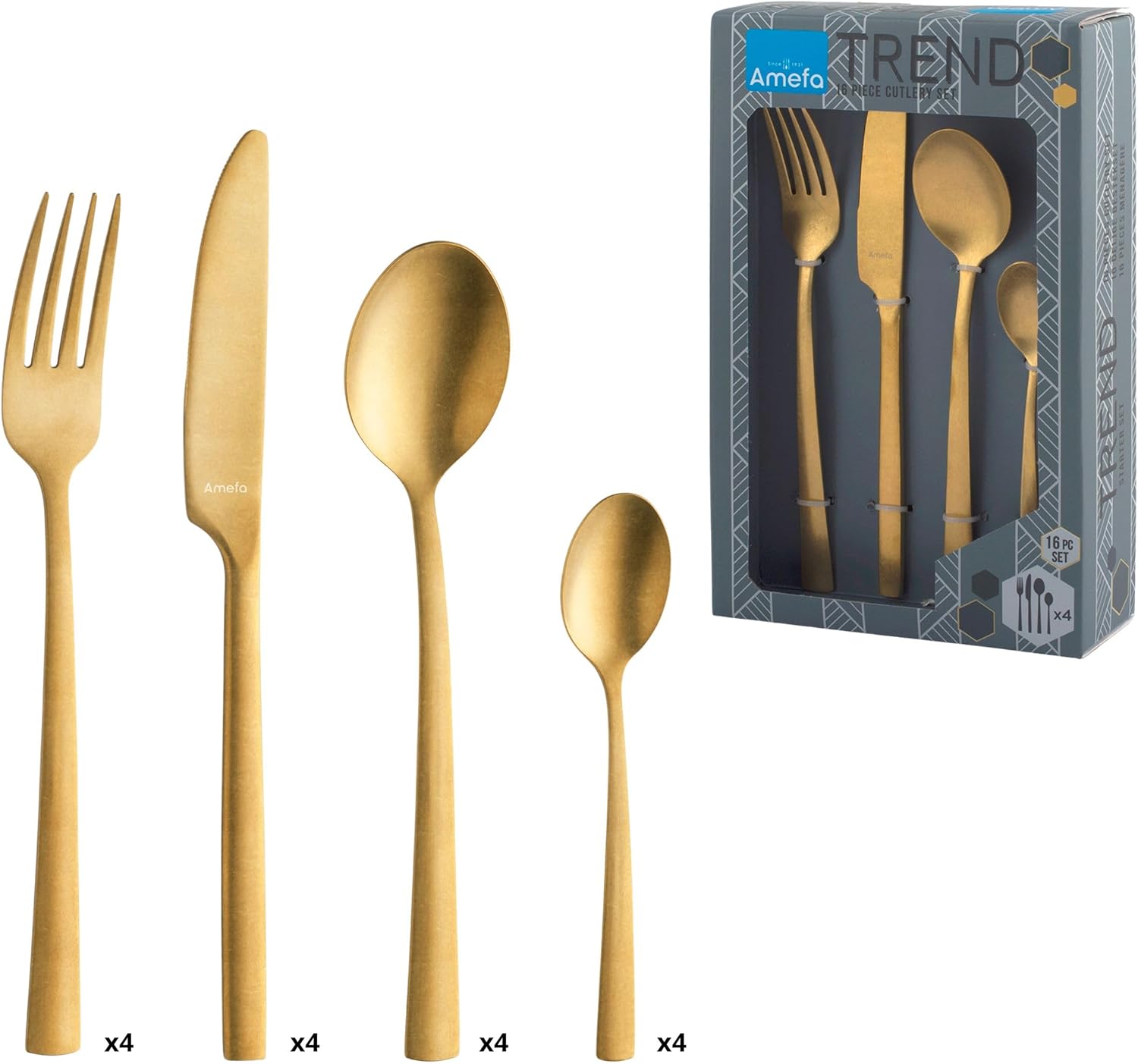 Amefa Grillo Set di 16 Posate in Cofanetto per 4 Persone, Acciaio Inossidabile, Oro, Coffret 16 pièces, 4 unità