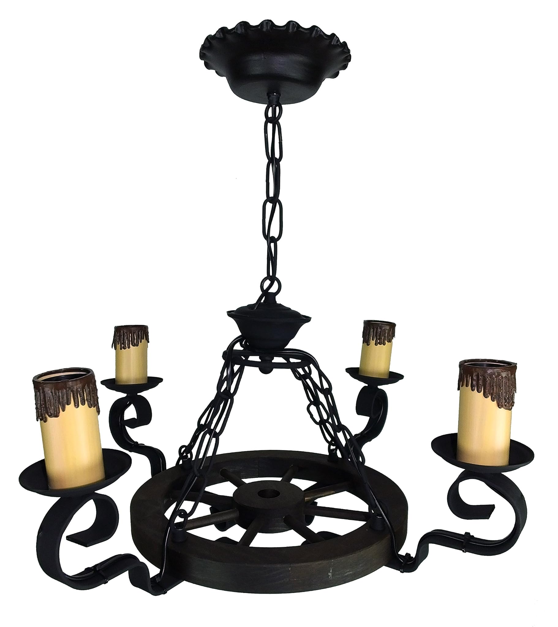 LAMPADA RUSTICA CON RUOTA CARRELLO 4 LUCI DIAMETRO TOTALE 55 CM