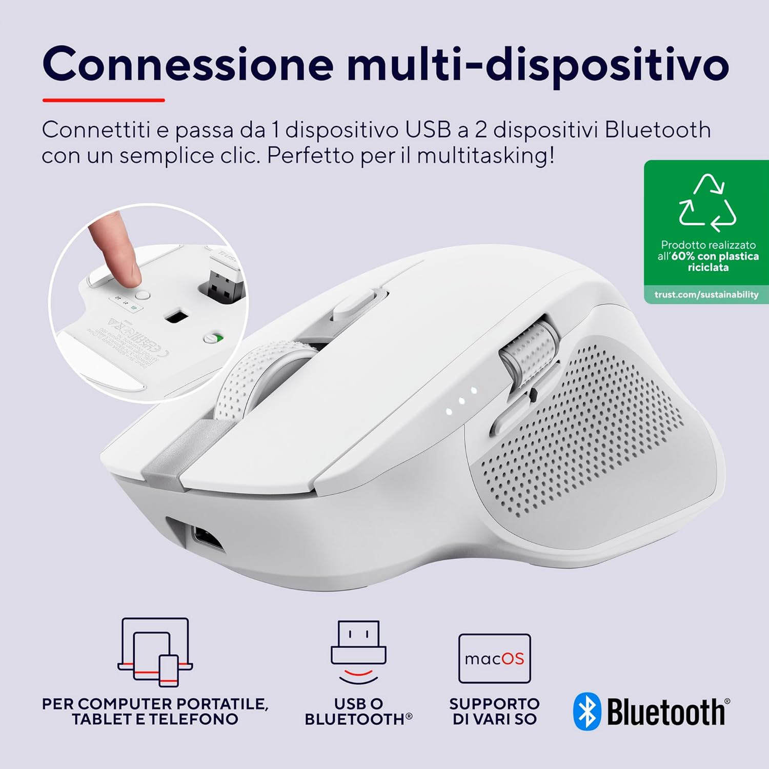 Trust Ozaa+ Mouse Wireless Bluetooth + 2.4GHz, Bianco - immagine 2