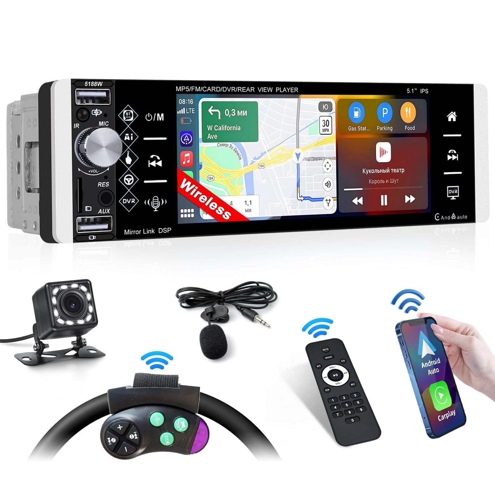 Inefala Autoradio Bluetooth 1 Din con Wireless Carplay 5,1"