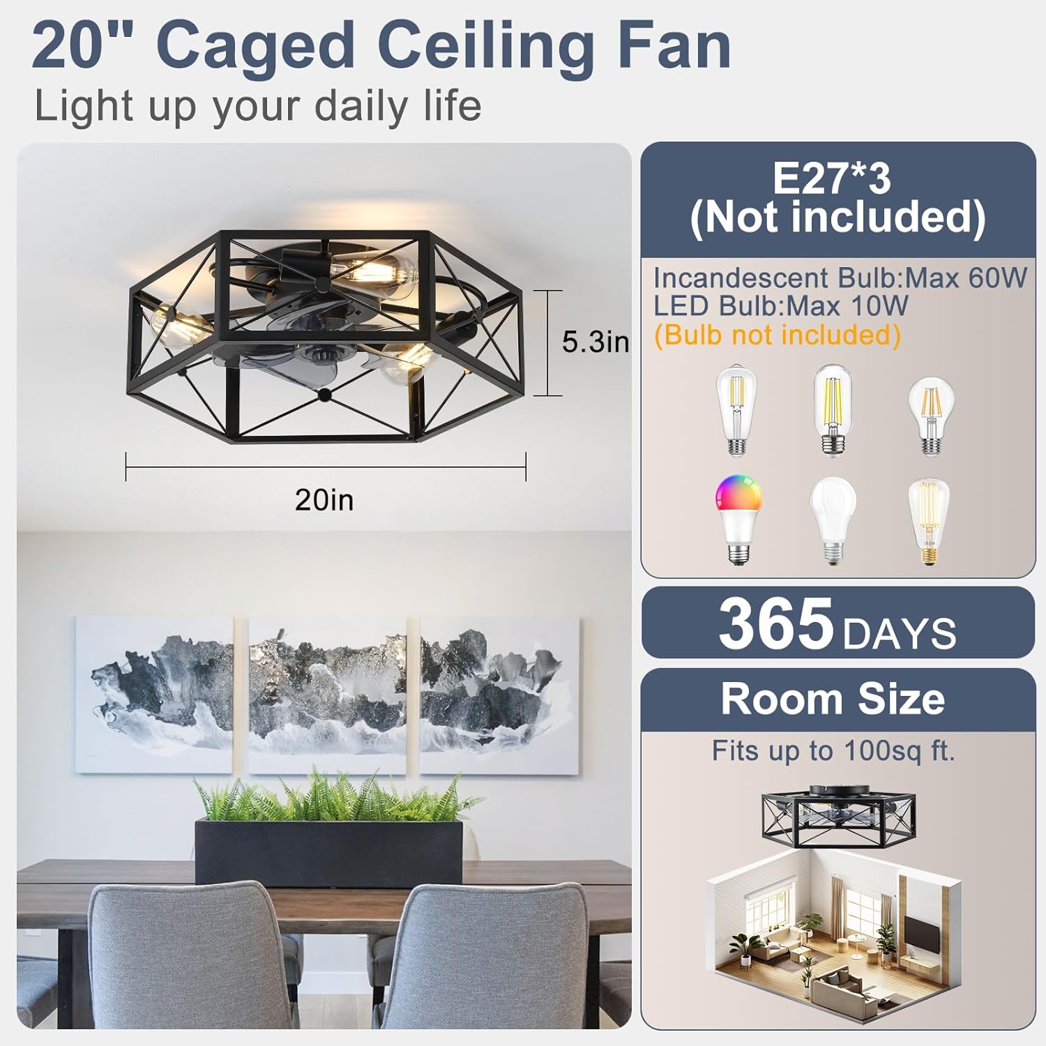 Ventilatore da Soffitto con Luce Esagonale 20’’ Industriale - immagine 4