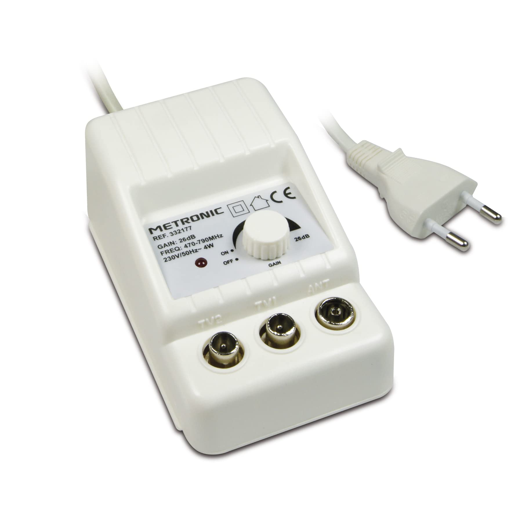 Metronic Amplificatore Antenna TV Interno 26 dB, Bianco