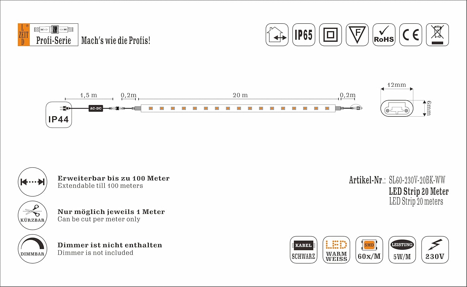 Ledzeit - Striscia LED 20m IP65 con spina - immagine 5