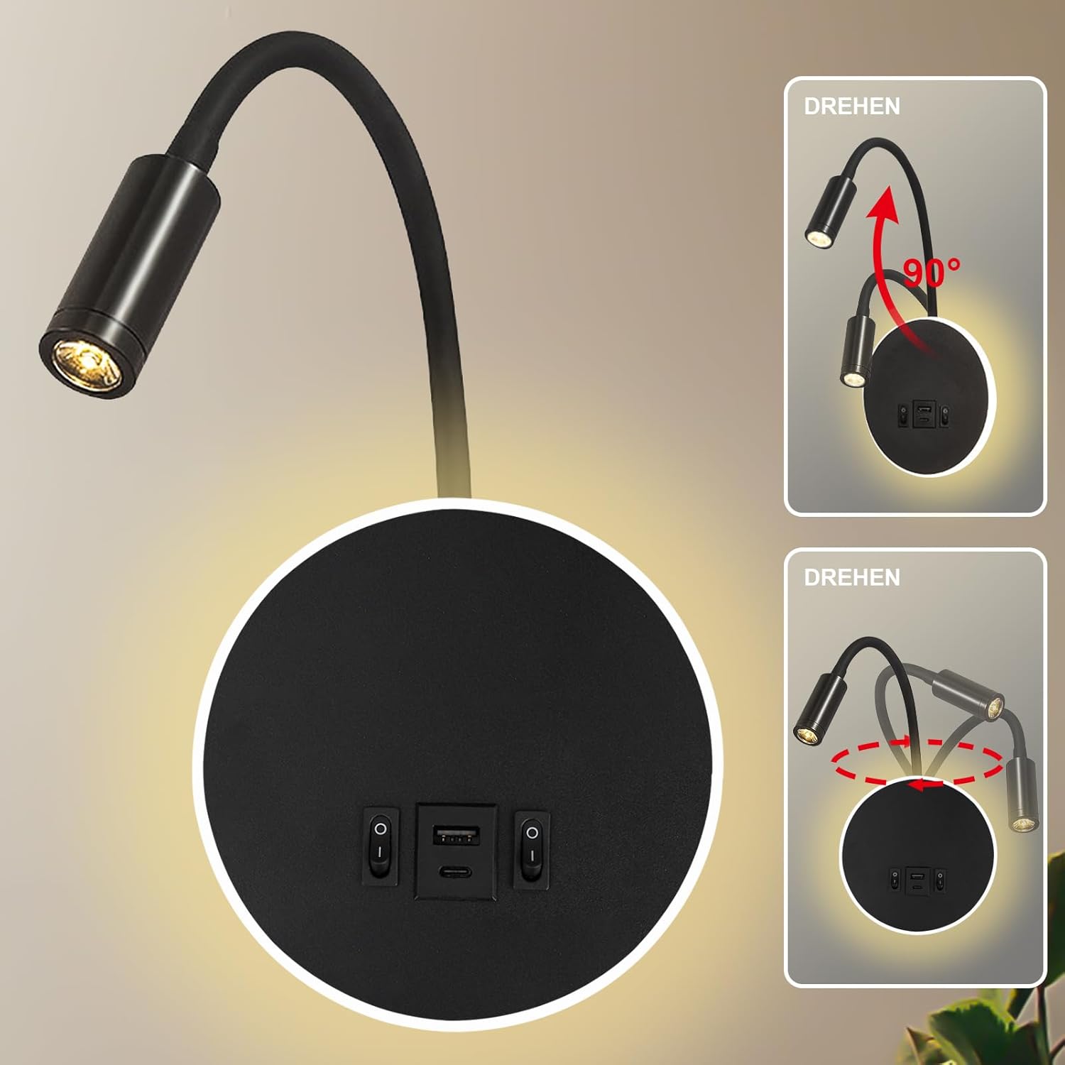 uksunvi Lampada da Parete LED Comodino 12W, Nera - immagine 3