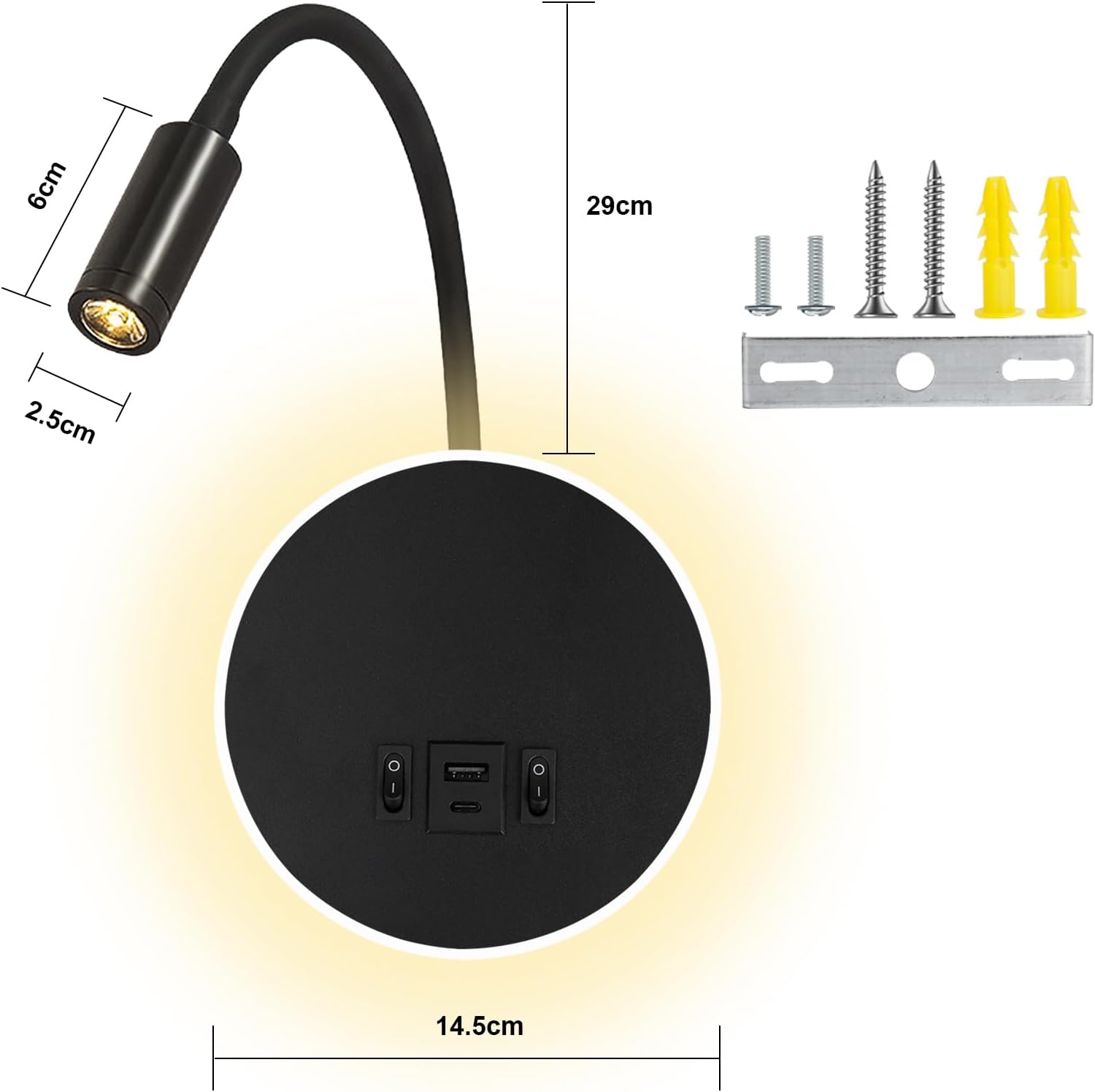 uksunvi Lampada da Parete LED Comodino 12W, Nera - immagine 4