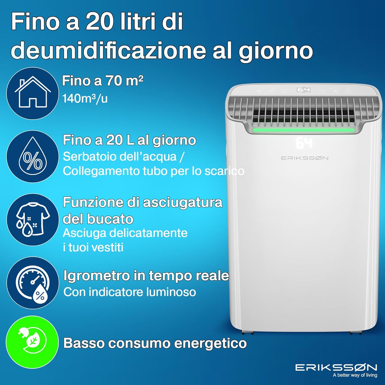 Erikssøn Deumidificatore Dry Pro Plus 20 litri/giorno, Bianco - immagine 2
