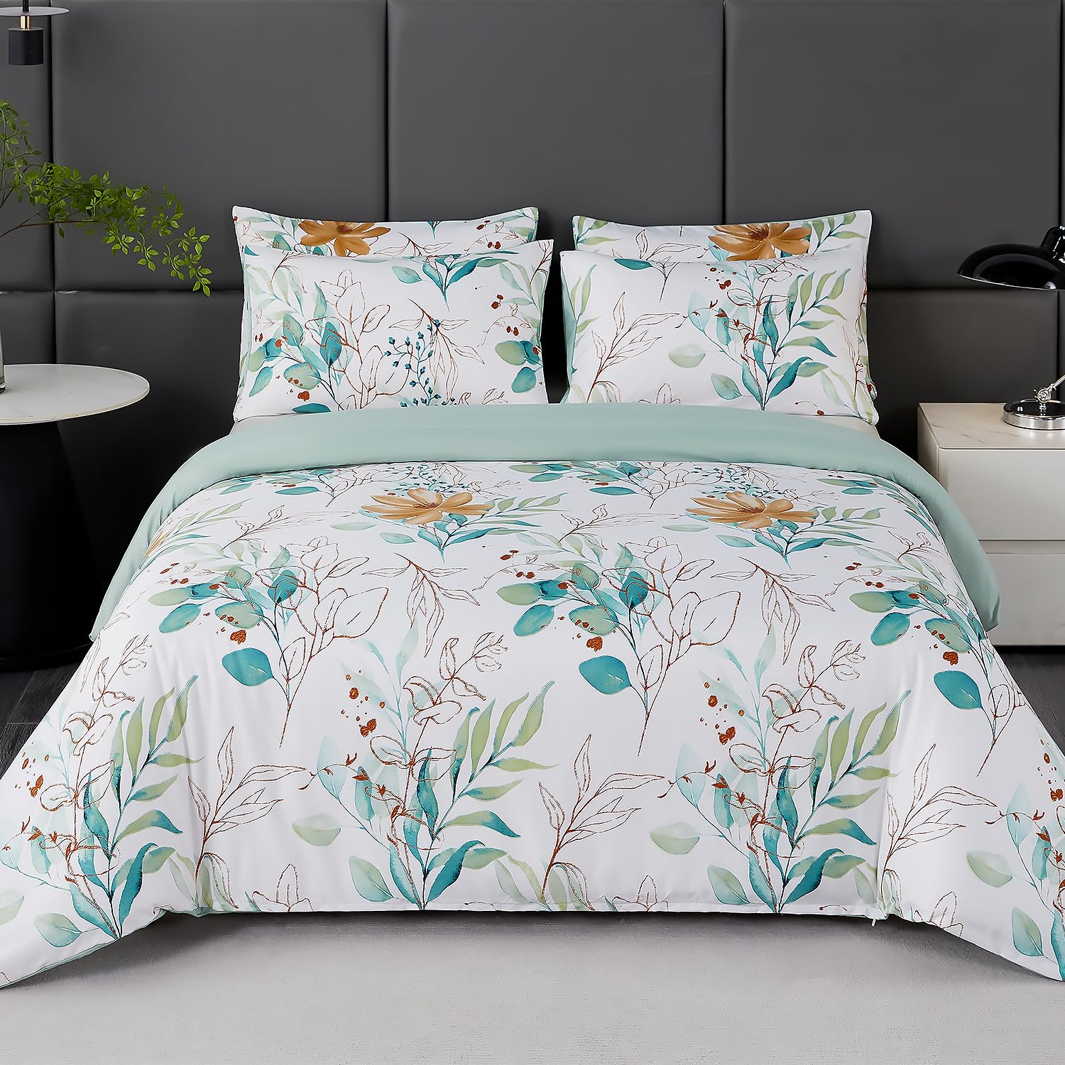 Jemiipee Set Copripiumino Floreale Matrimoniale Verde Bianco