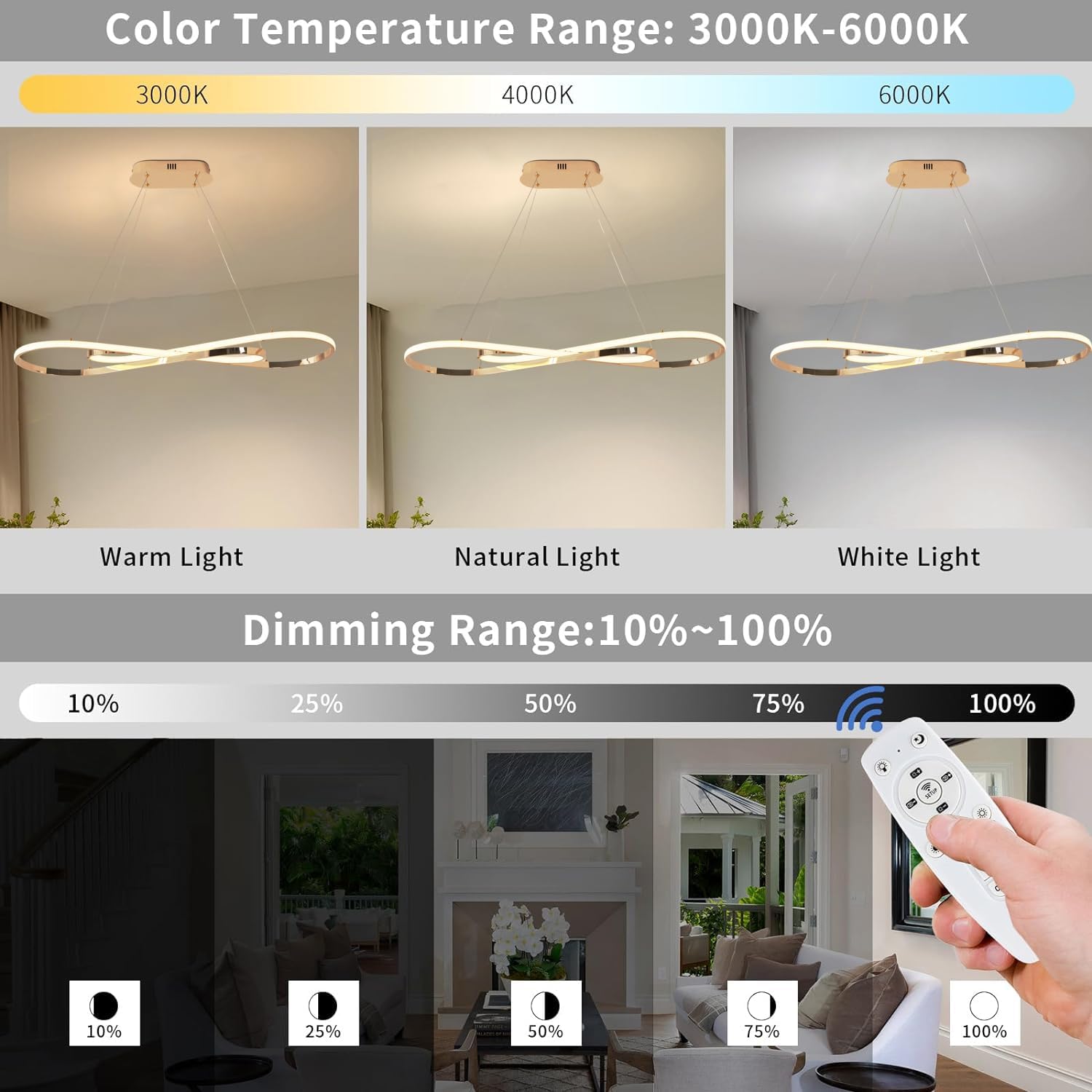 Lampada a Sospensione LED Dimmerabile L100cm/57W, Oro - immagine 3