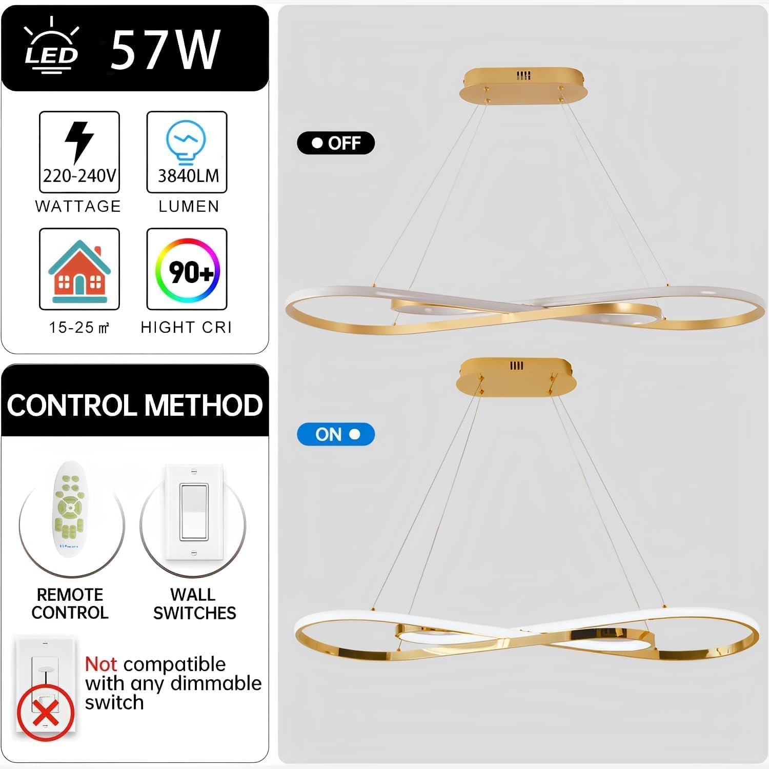 Lampada a Sospensione LED Dimmerabile L100cm/57W, Oro - immagine 5