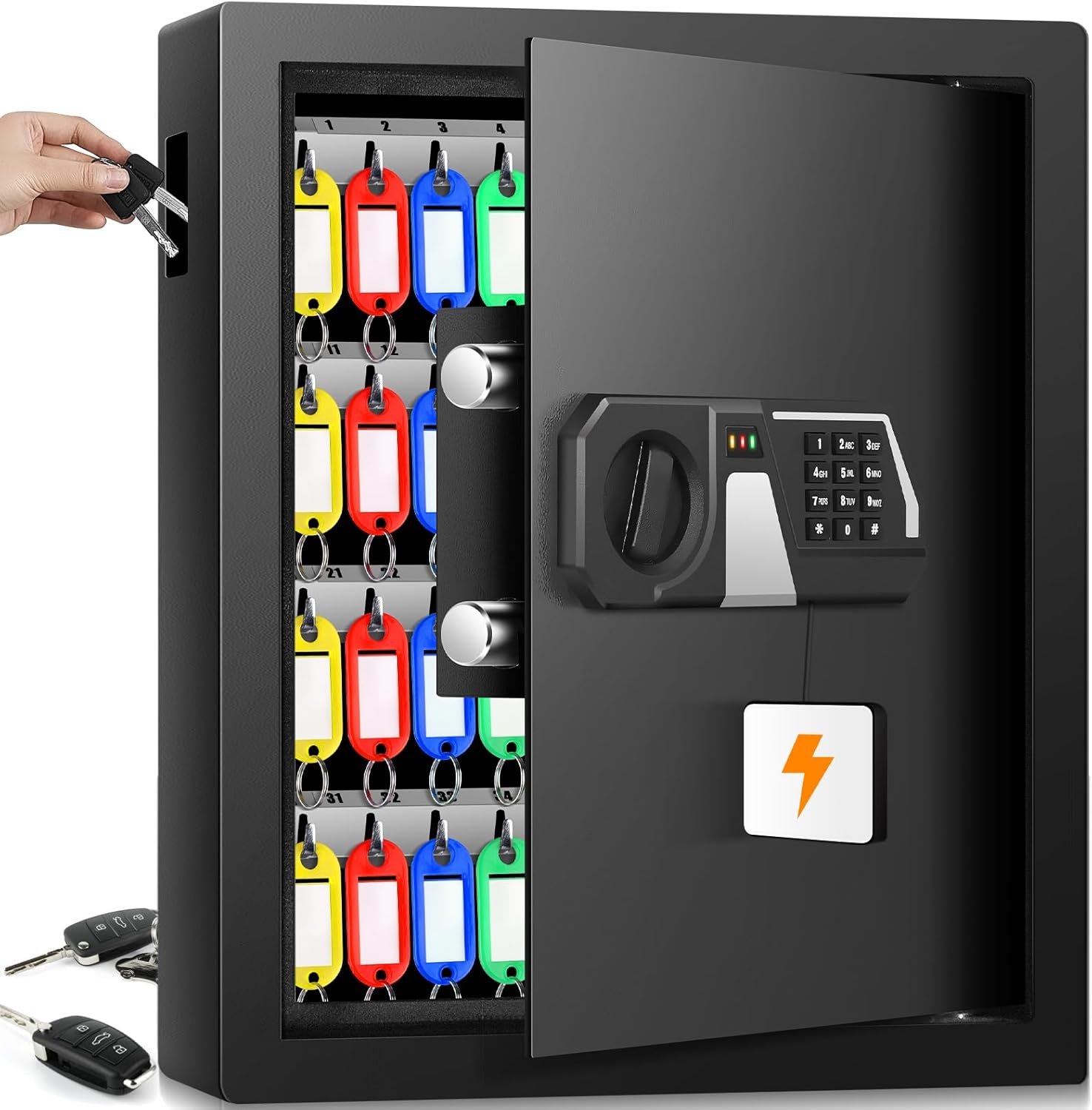 Cassetta portachiavi ignifuga con codice numerico per 48 chiavi, cassaforte per chiavi esterne con inserto laterale e barra della chiave regolabile, armadietto per ufficio magazzino - immagine 1
