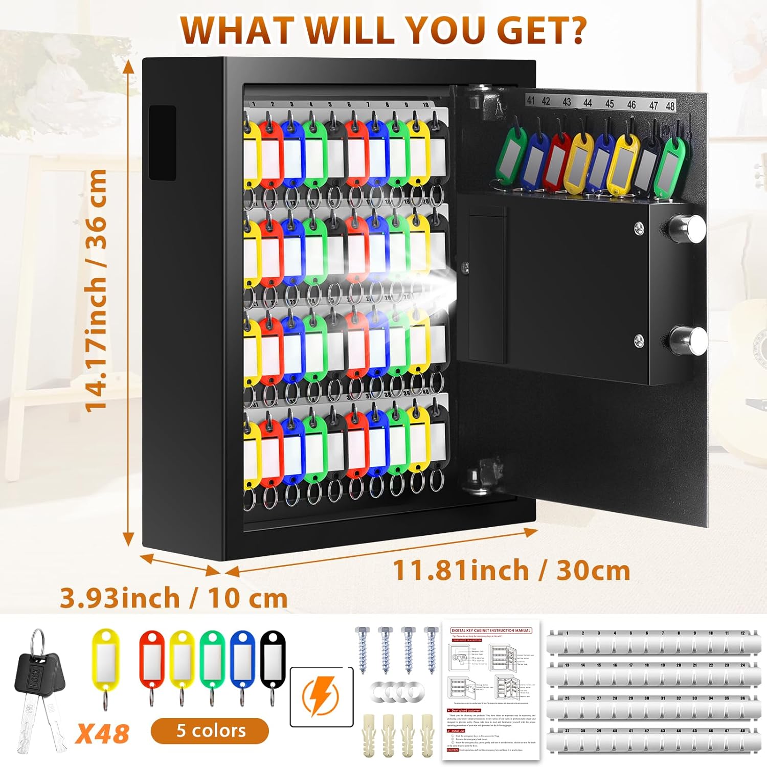 Cassetta portachiavi ignifuga con codice numerico per 48 chiavi, cassaforte per chiavi esterne con inserto laterale e barra della chiave regolabile, armadietto per ufficio magazzino - immagine 3