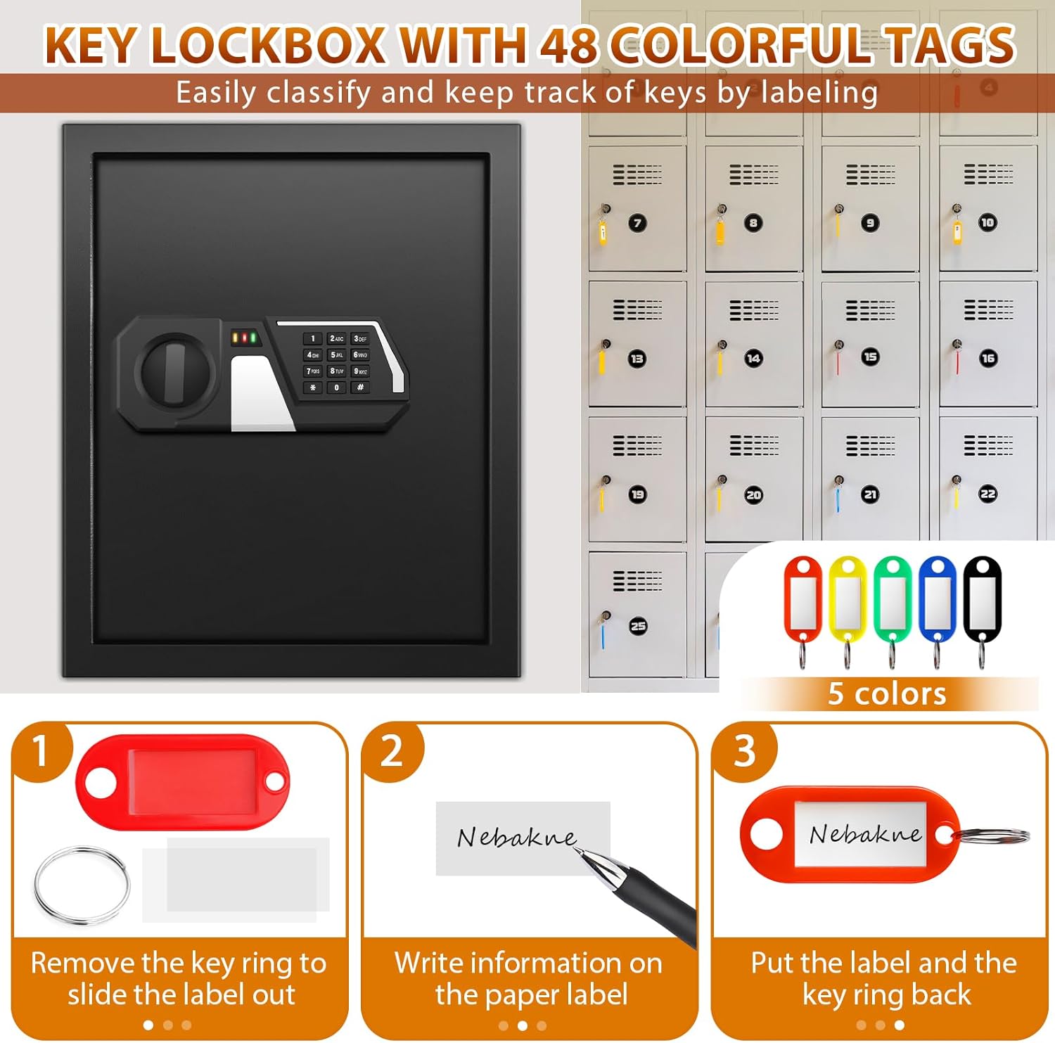 Cassetta portachiavi ignifuga con codice numerico per 48 chiavi, cassaforte per chiavi esterne con inserto laterale e barra della chiave regolabile, armadietto per ufficio magazzino - immagine 5