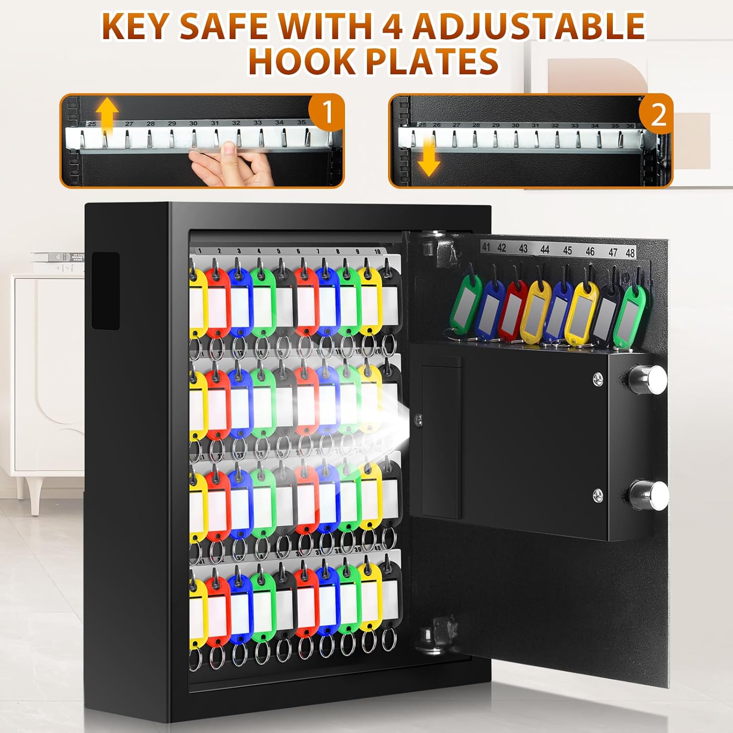 Cassetta portachiavi ignifuga con codice numerico per 48 chiavi, cassaforte per chiavi esterne con inserto laterale e barra della chiave regolabile, armadietto per ufficio magazzino - immagine 6