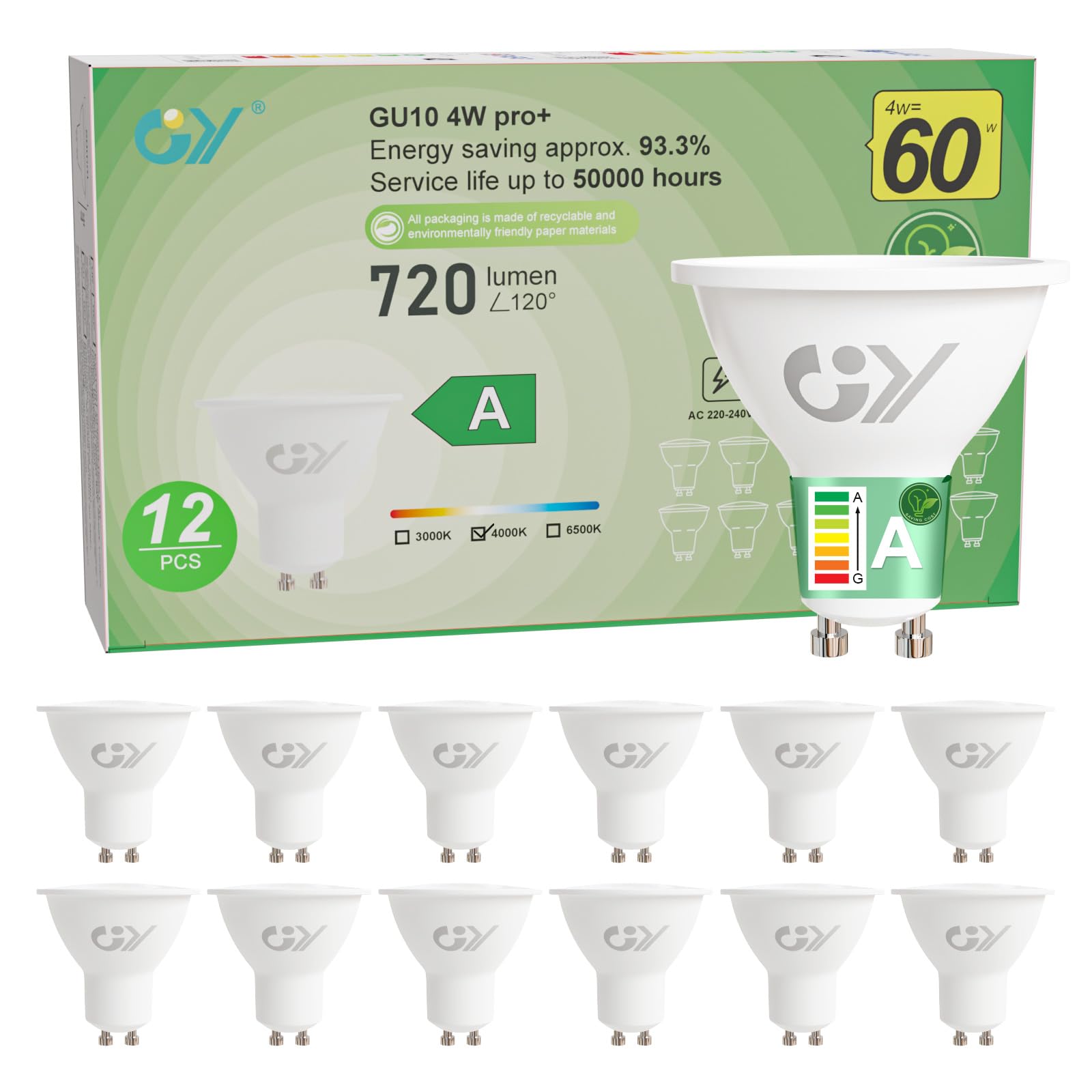 Gy Lampadine GU10 LED 4W 4000k (12 Pezzi)