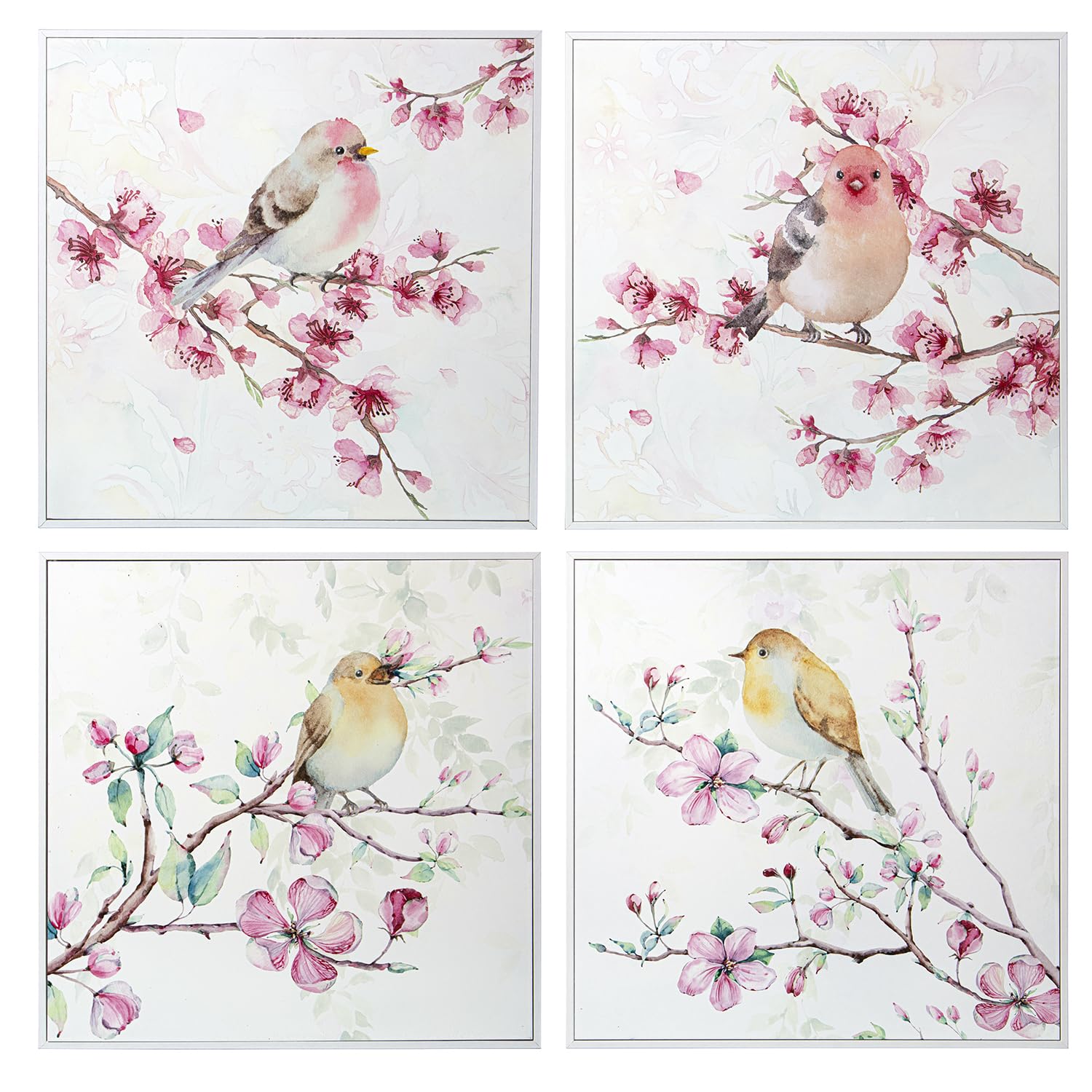 DRW Quadro tela con fiori e uccelli in legno con vari colori 40 x 40 x 3 cm