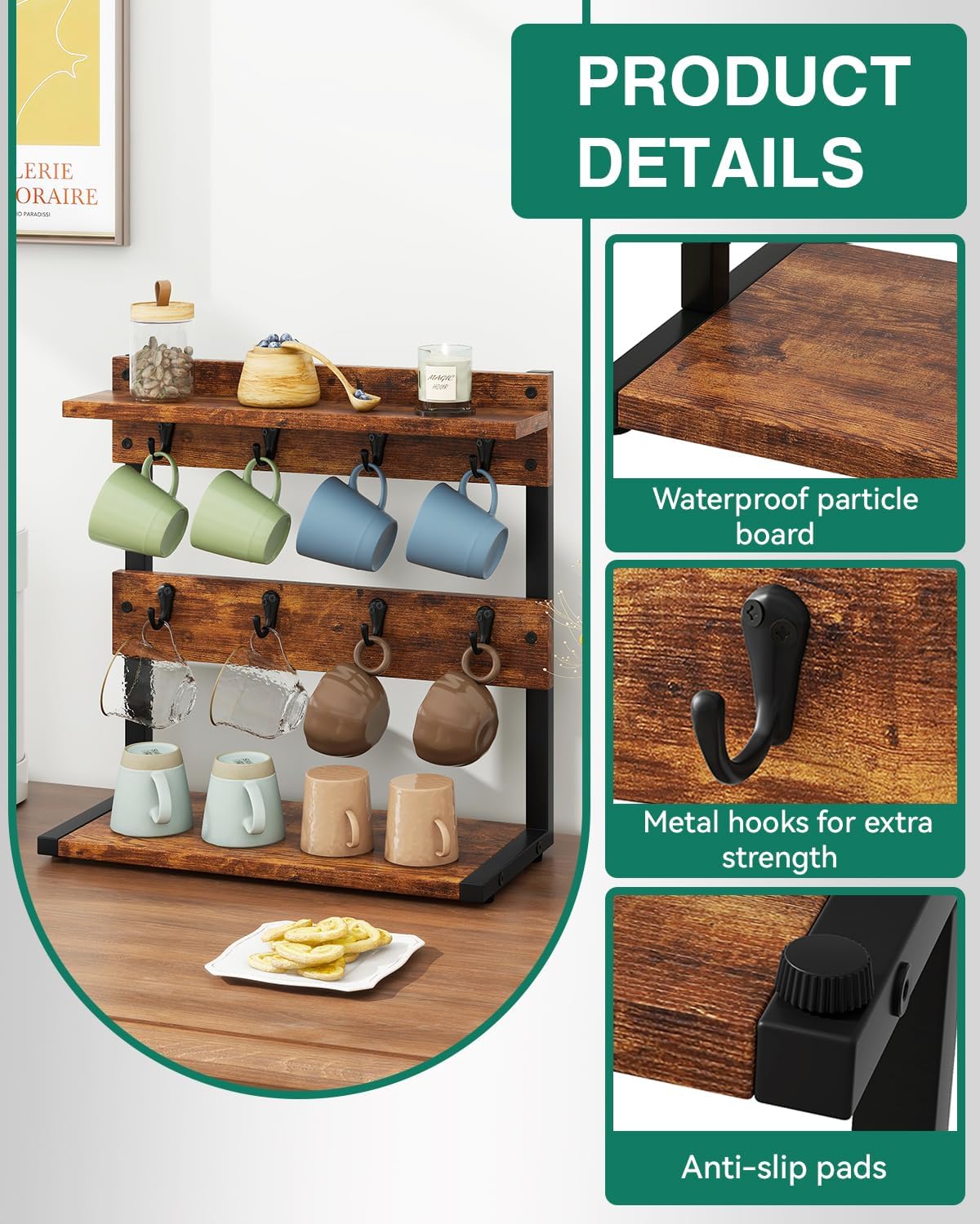 IBUYKE Supporto Tazze da Caffè Rustico 2 Ripiani - immagine 7