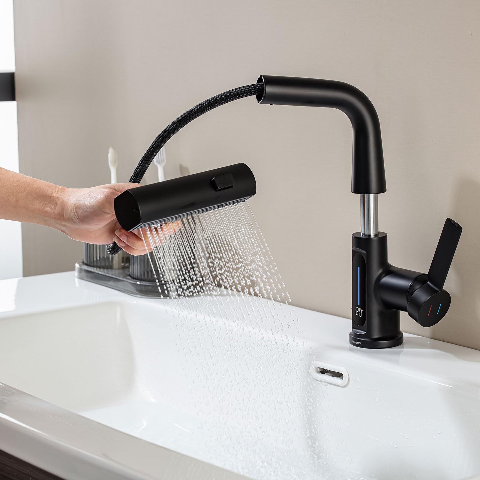Rubinetto Bagno Lavabo con LED Temperatura, Nero