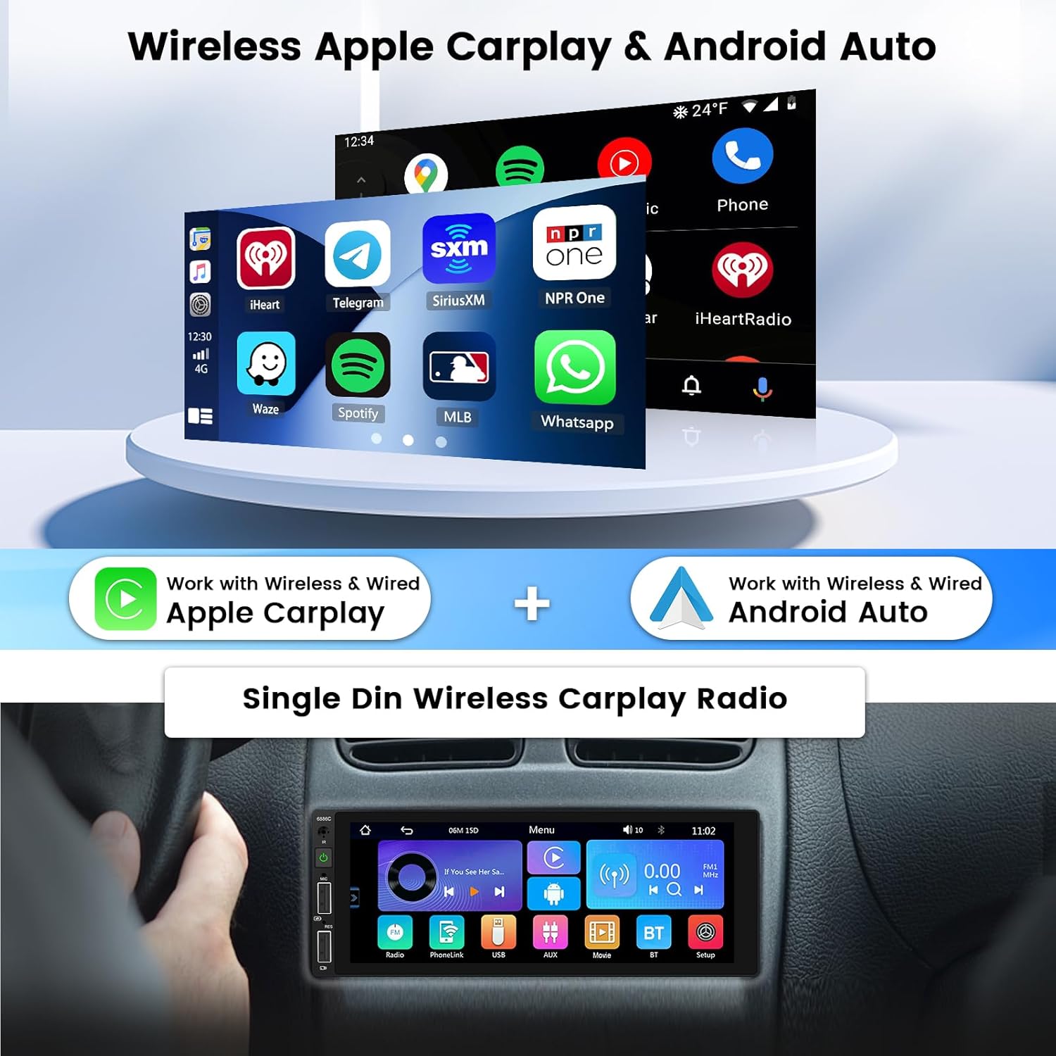 Hikity Autoradio 1 Din con CarPlay Wireless & Android Auto - immagine 2