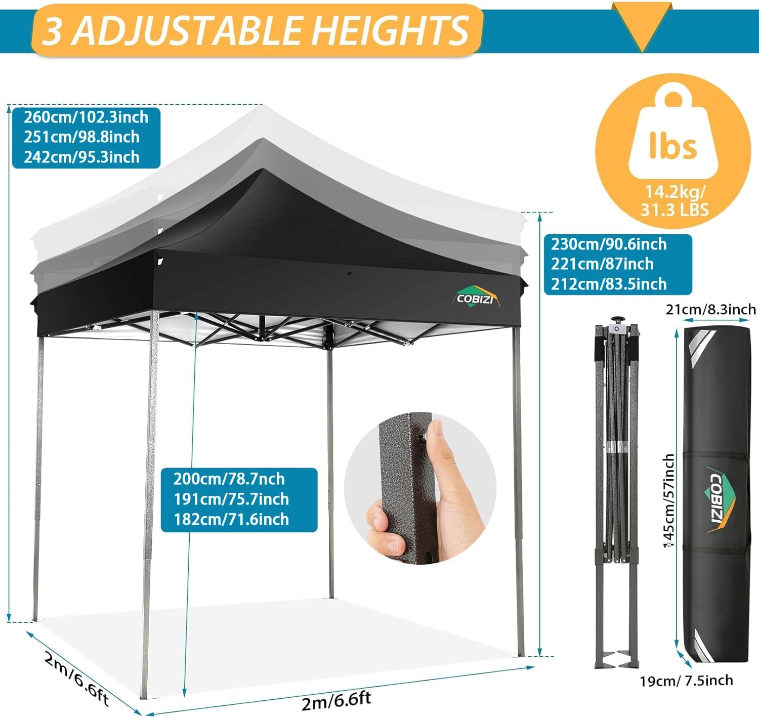 Cobizi Gazebo 2x2 Pieghevole Impermeabile, Nero - immagine 4