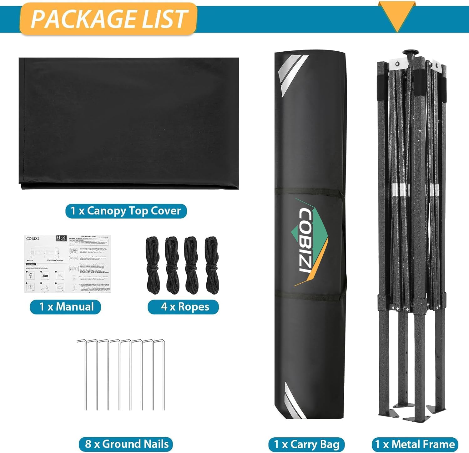 Cobizi Gazebo 2x2 Pieghevole Impermeabile, Nero - immagine 6