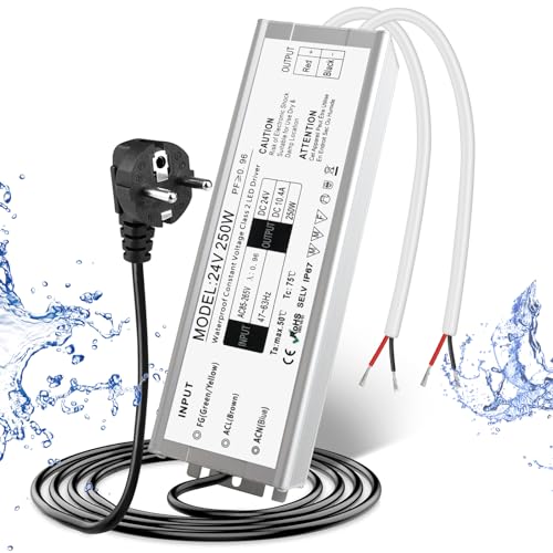 Trasformatore a LED, 24 V, 250 W, IP67, per esterni, impermeabile, con spina
