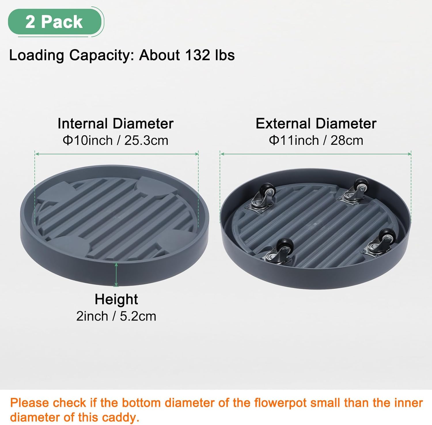 Supporto per Piante con Ruote 28cm (2 Pezzi), Grigio - immagine 3