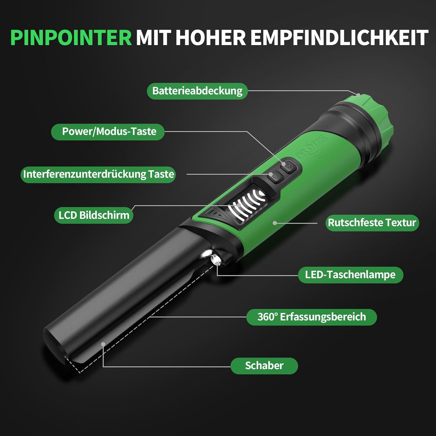 Dr.ötek Pinpointer Metal Detector Impermeabile IP68, Verde - immagine 2