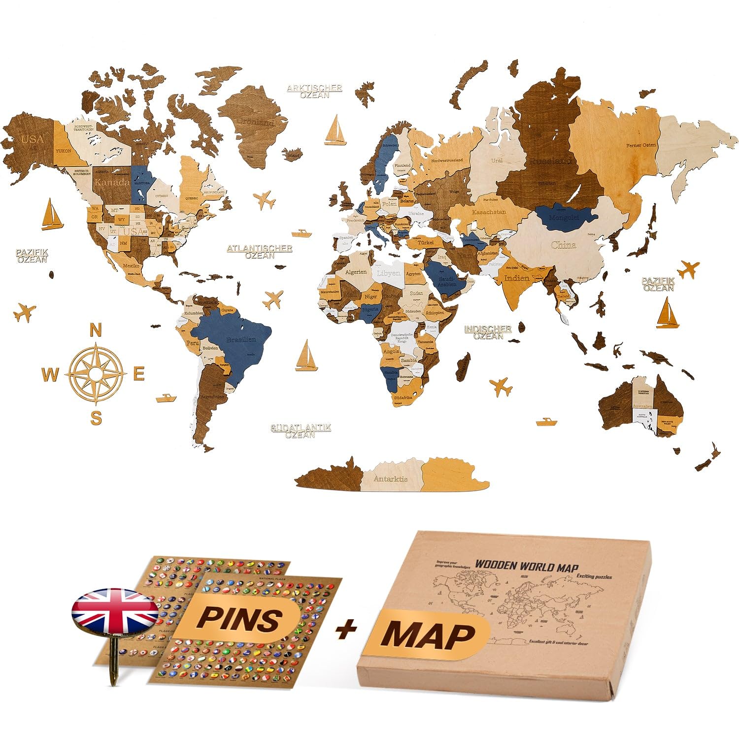 WOW WOOD® Mappa del Mondo in Legno 3D con Puntine