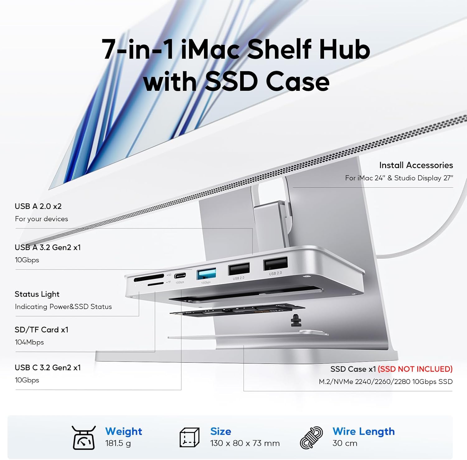 Pulwtop Hub USB C per iMac 24" M1/M3/M4 e Studio Display - immagine 2