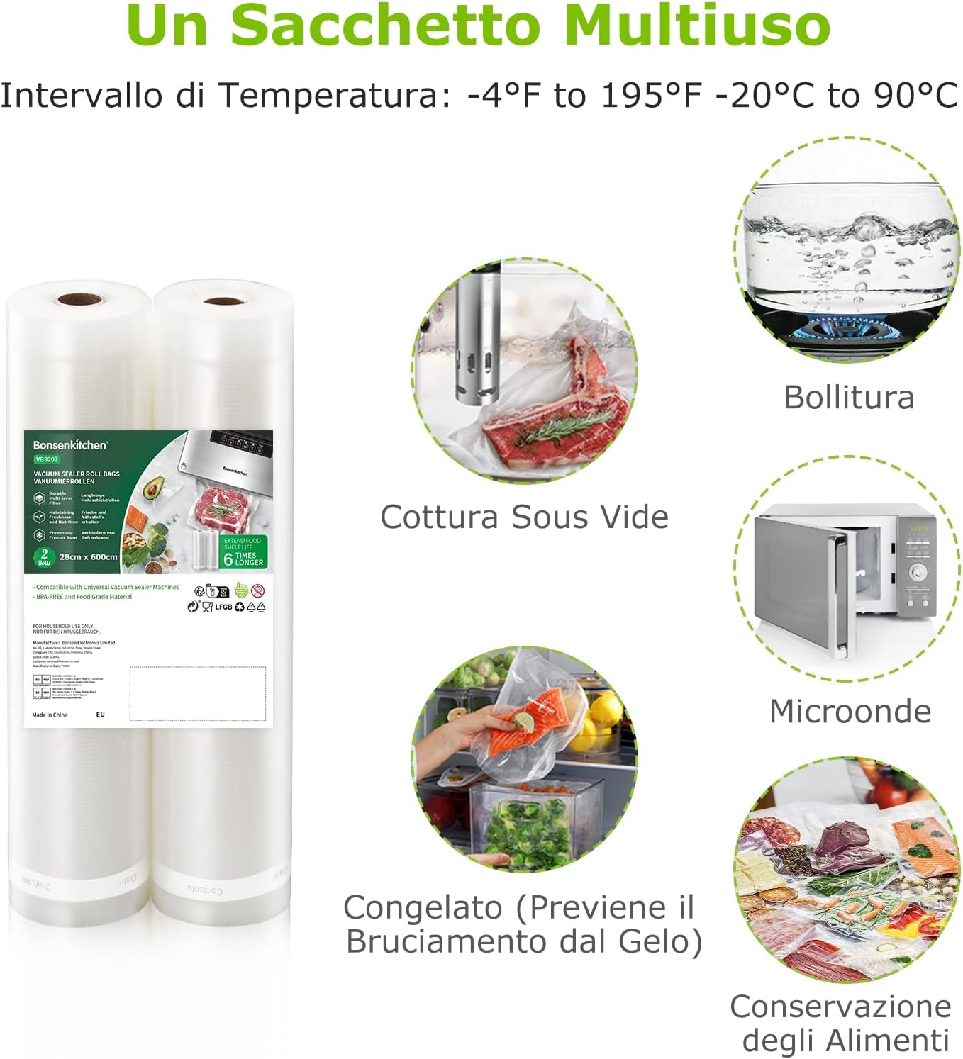 Bonsenkitchen Sacchetti per Sottovuoto 28x600 cm, 2 Rotoli - immagine 4